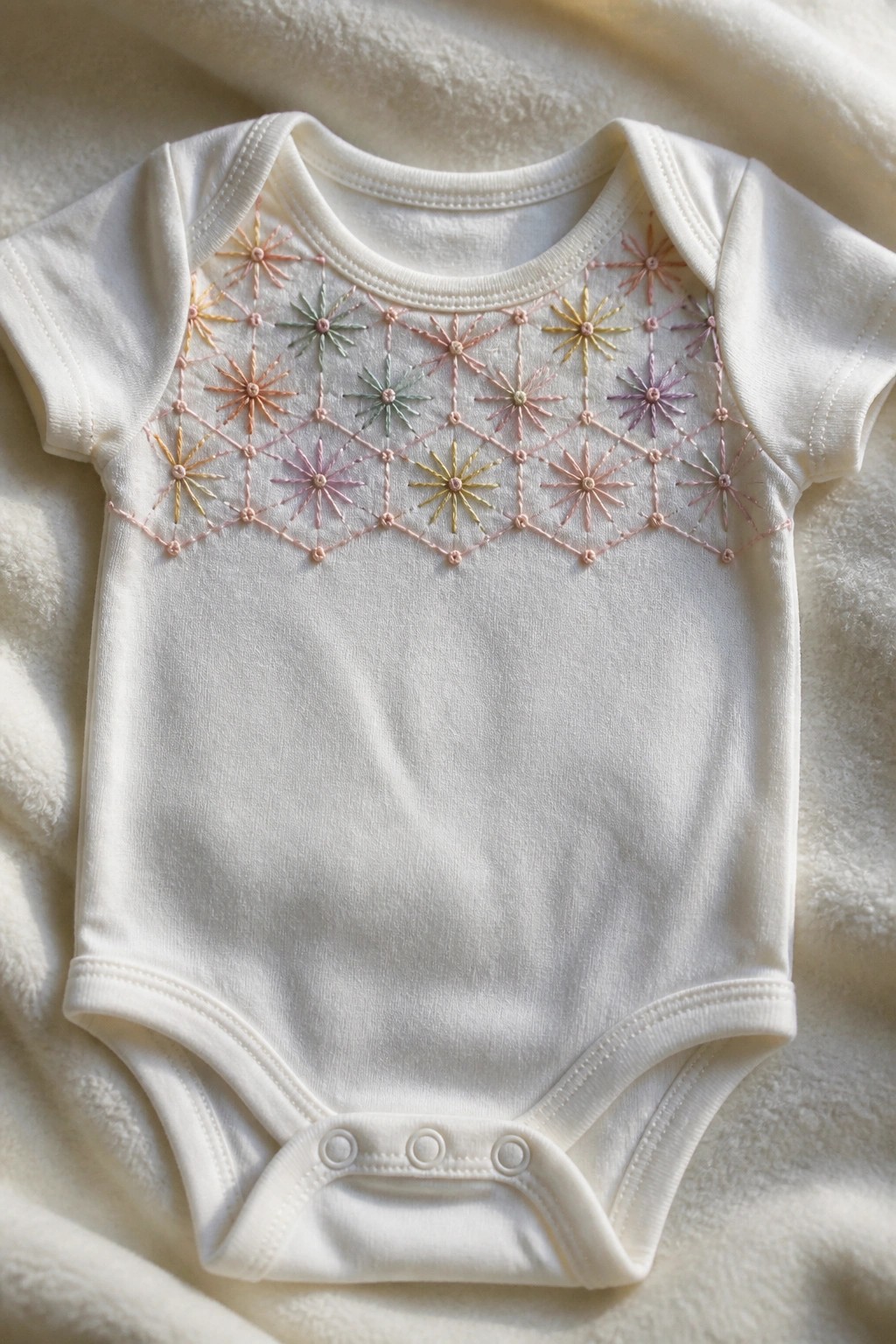 White baby onesie with pastel star embroidery on fluffy fabric.