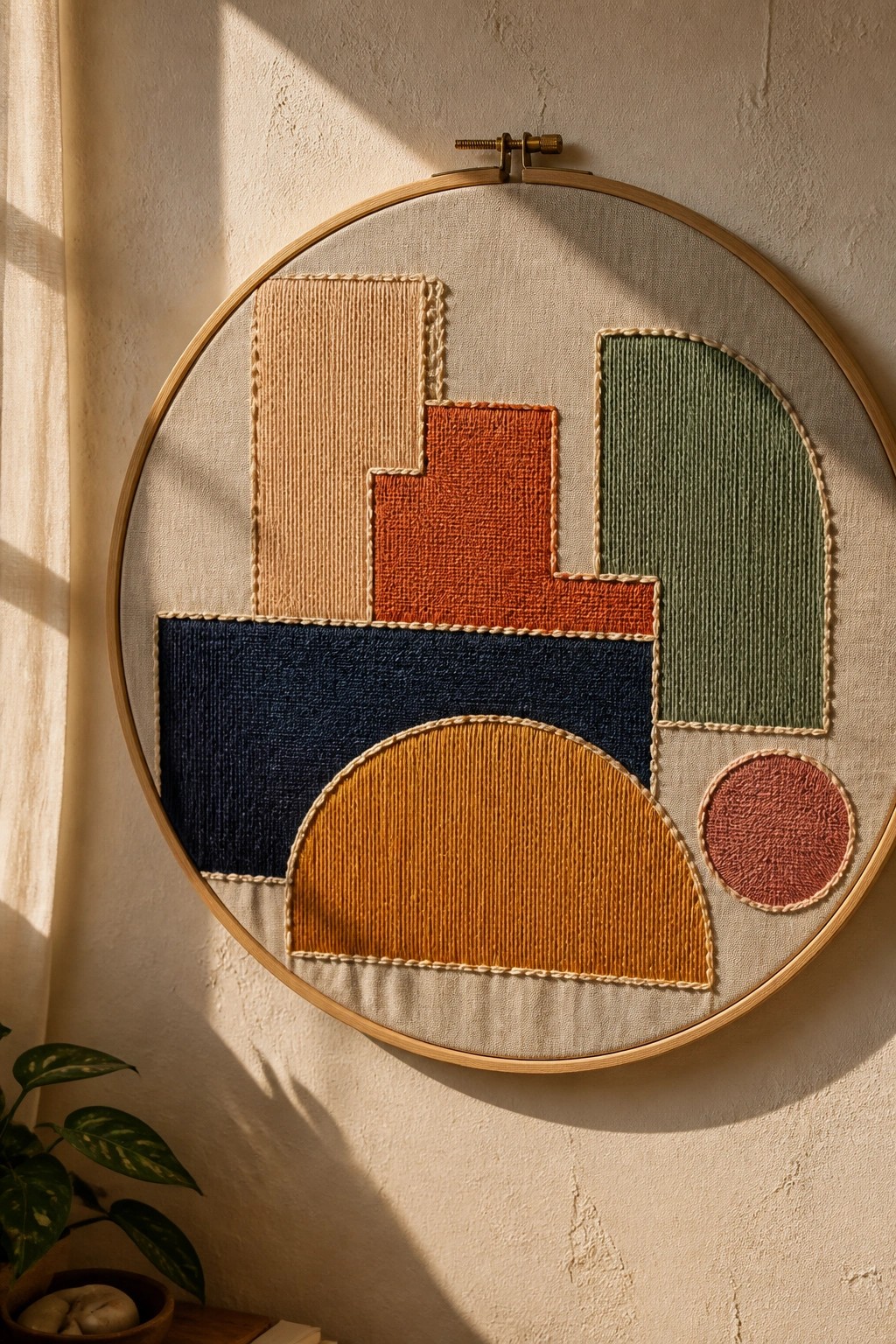 Colorful geometric embroidery in wooden hoop with shapes in orange, blue, and green.