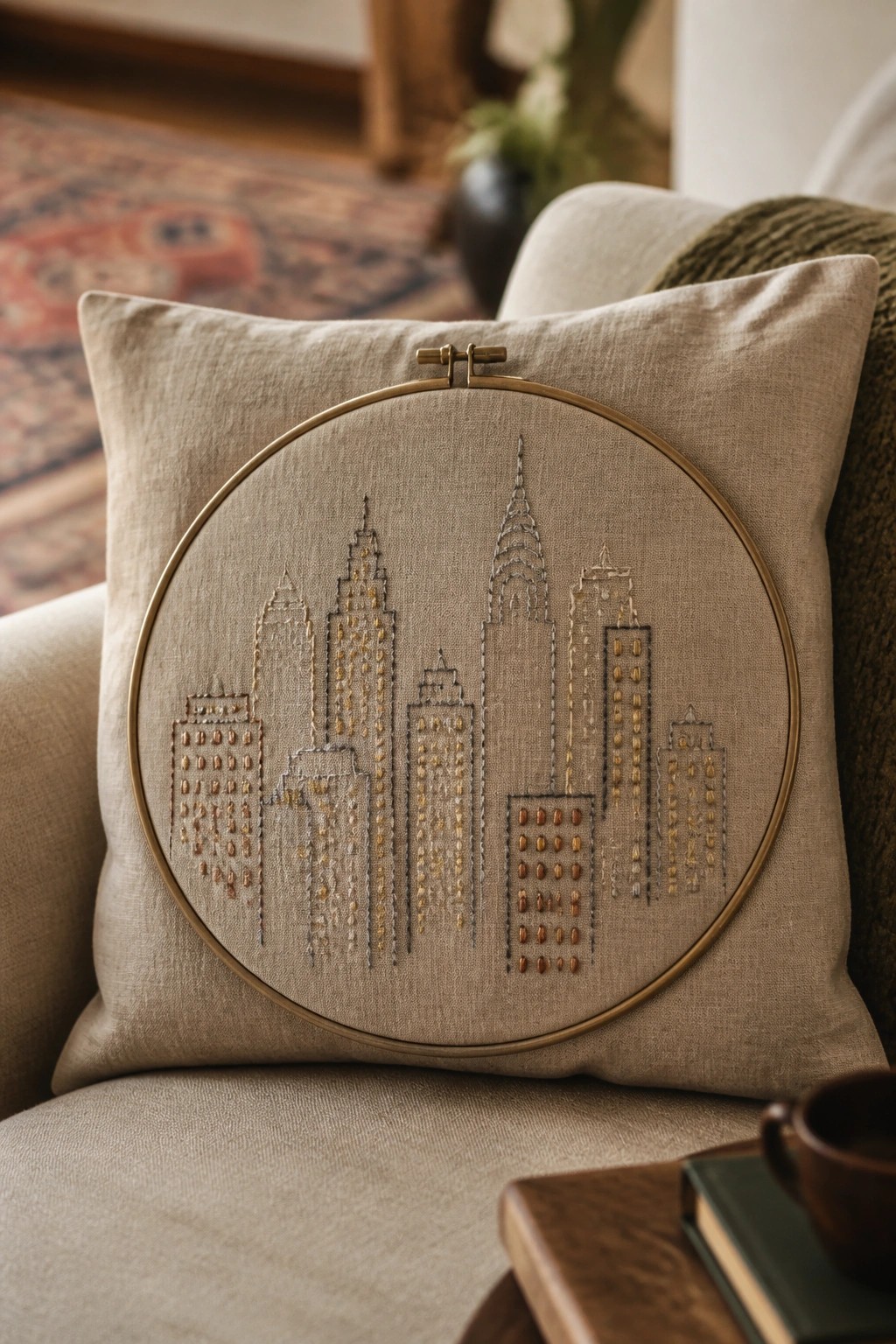 Stitched city skyline embroidery hoop on beige pillow beside books and mug