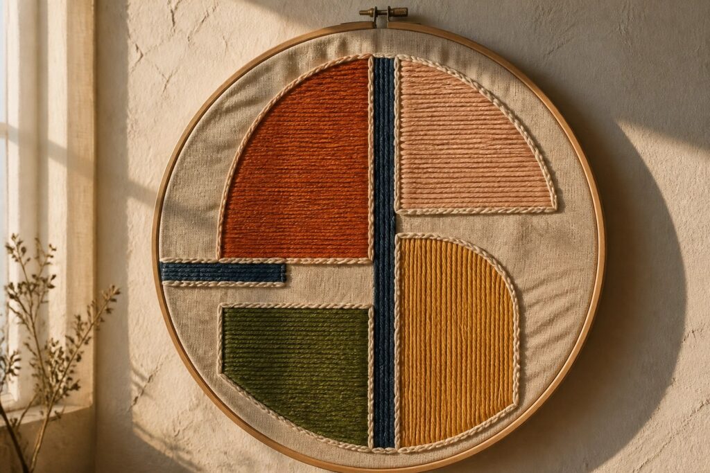 23 Striking Modern Embroidery Ideas Featuring Oversized Hoop Compositions Colorful geometric embroidery in wooden hoop with shapes in orange, blue, and green.