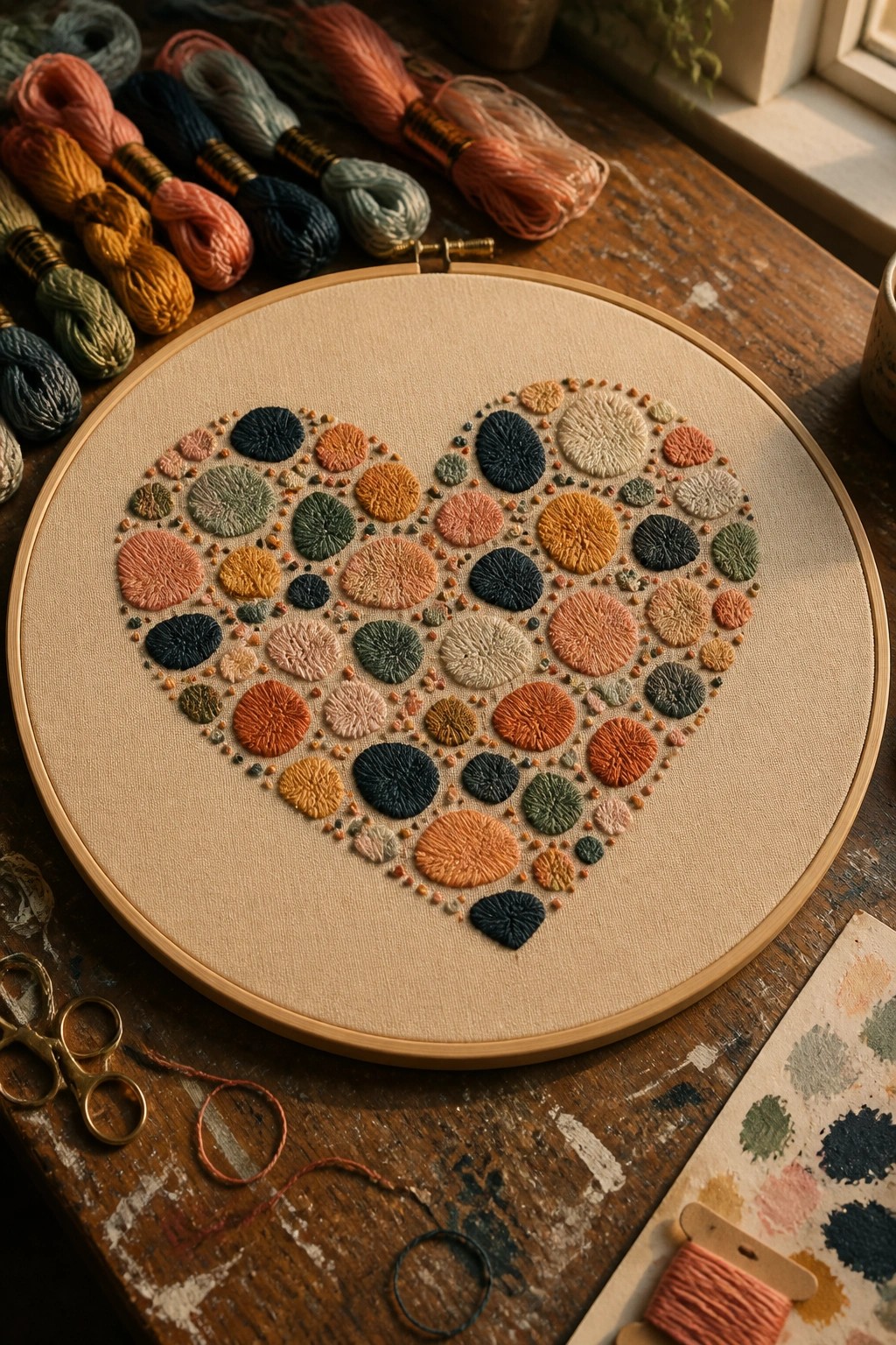 Embroidered heart of colorful stitched circles in a hoop amid threads and scissors