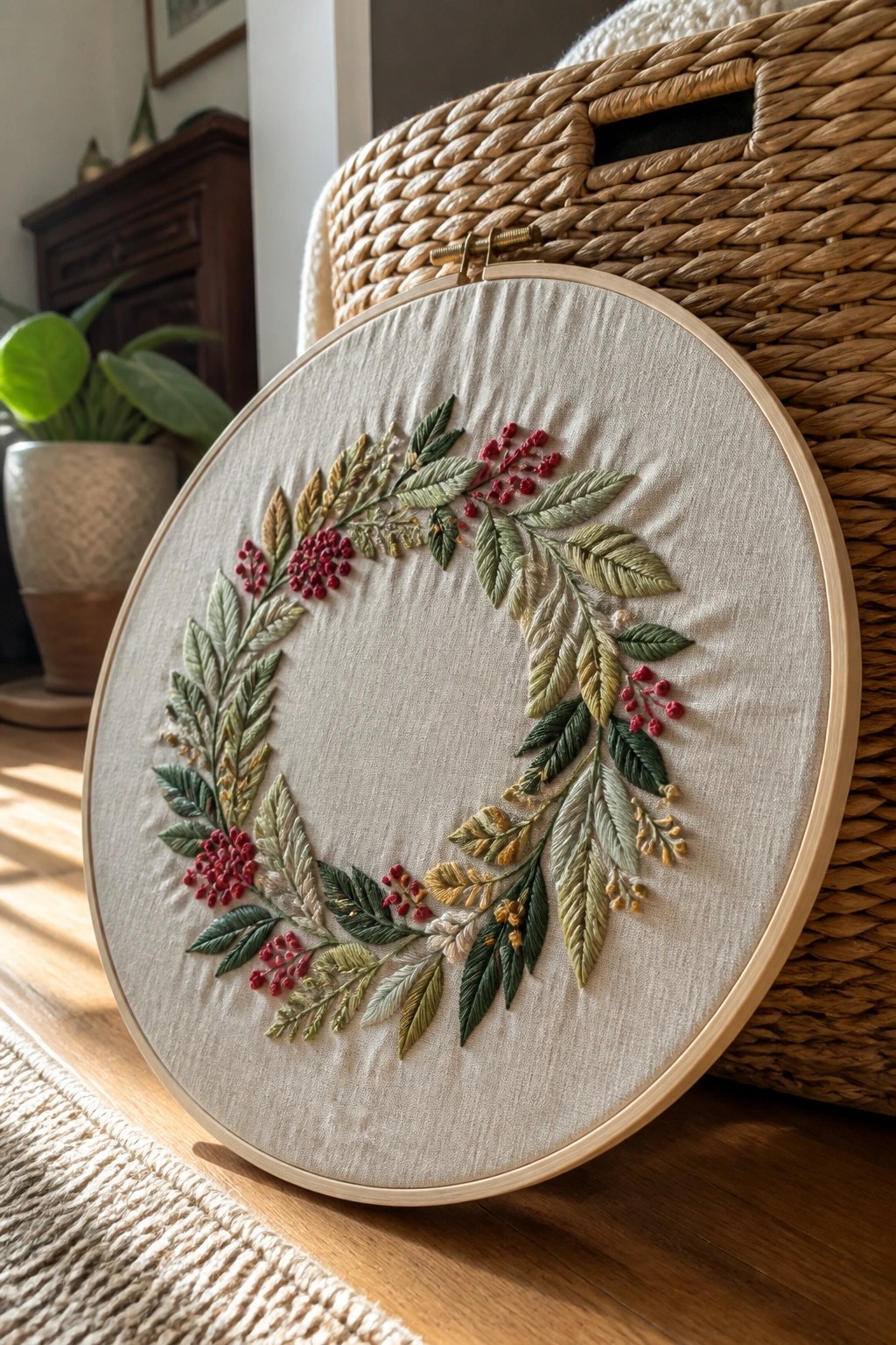 Embroidery hoop with a wreath of green leaves, yellow foliage, and red berries.