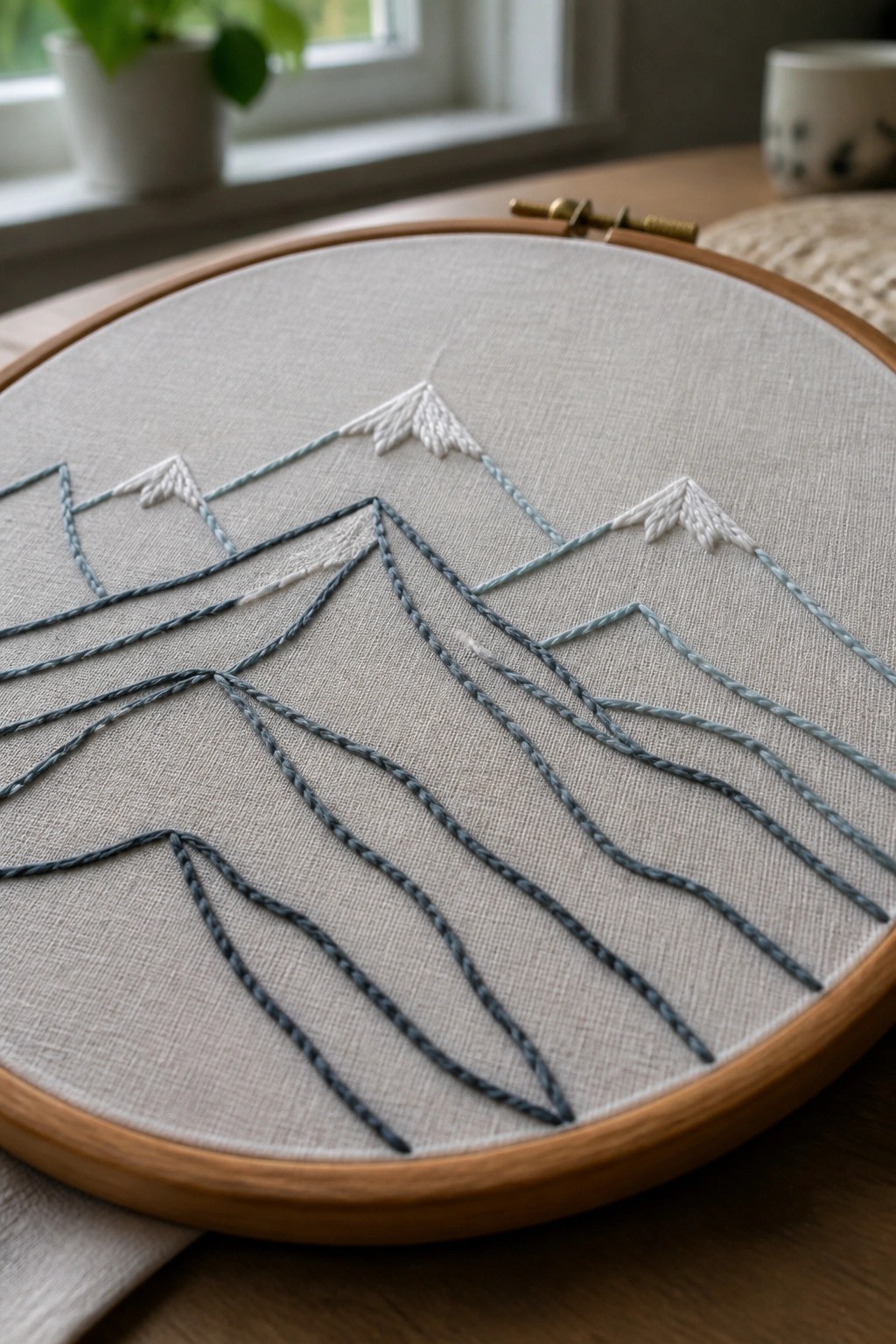 Embroidery hoop with layered blue and white stitched mountain peaks on fabric