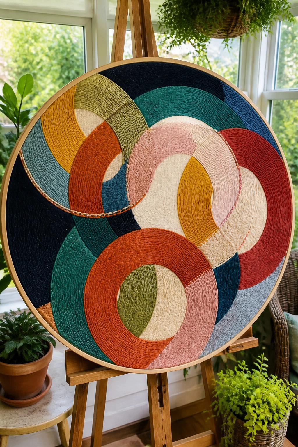 Large circular weaving with vibrant overlapping rings on wooden easel amid plants