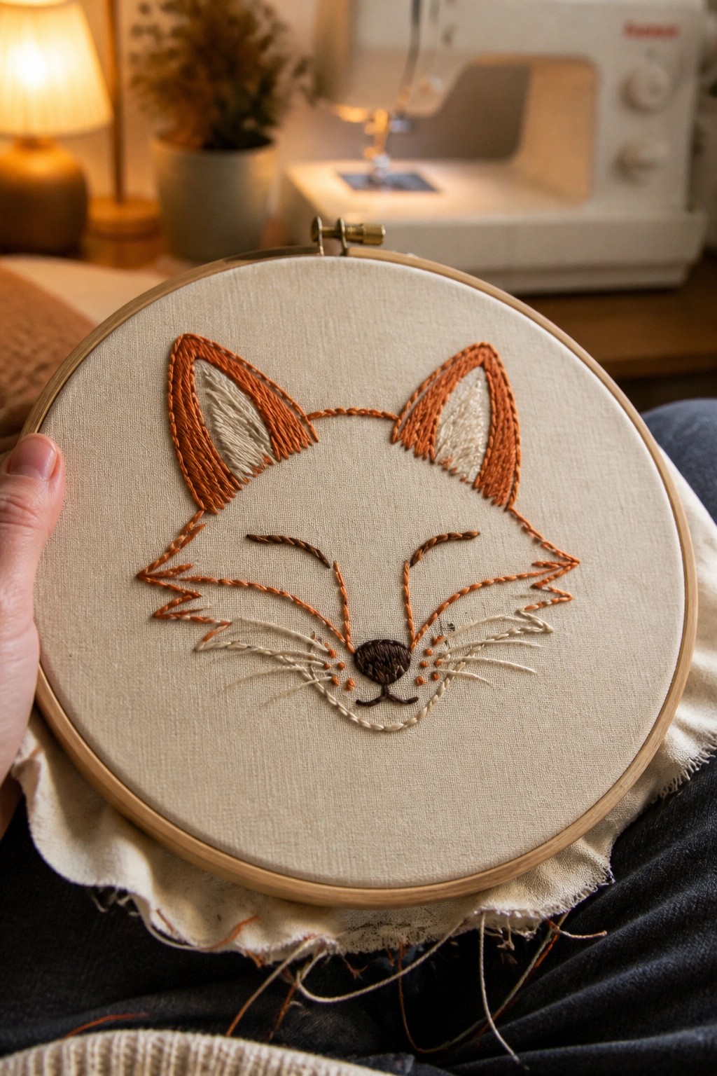 Hand holding embroidery hoop with orange and white stitched fox face on fabric