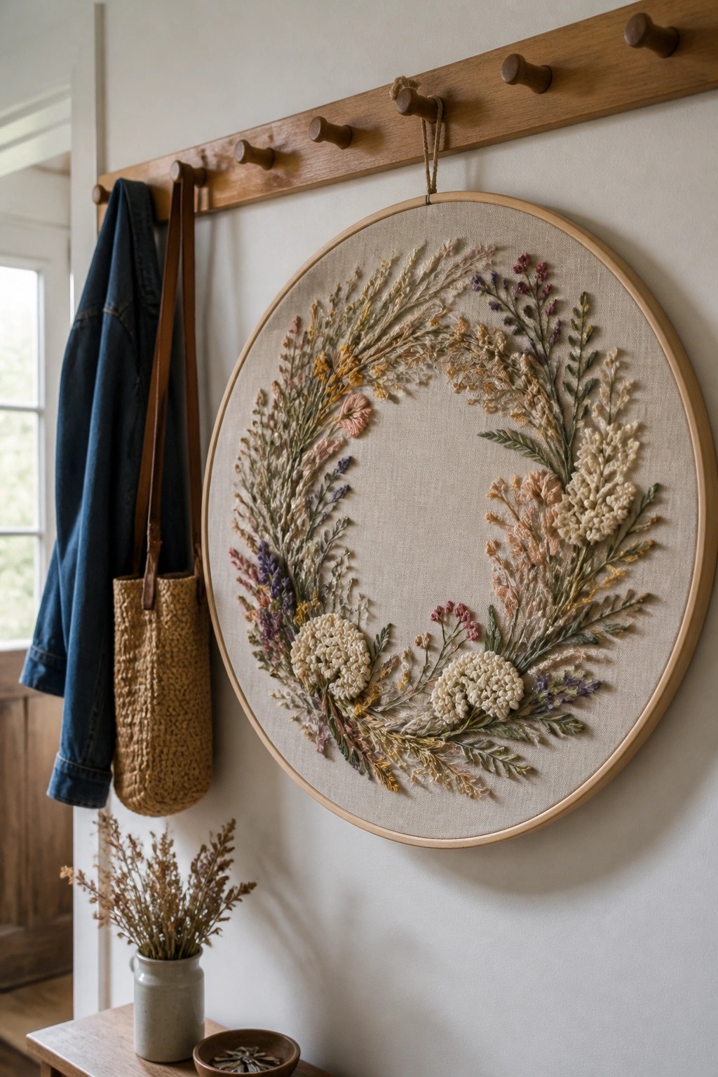 Embroidered floral wreath in hoop on wooden rack beside denim jacket and woven bag