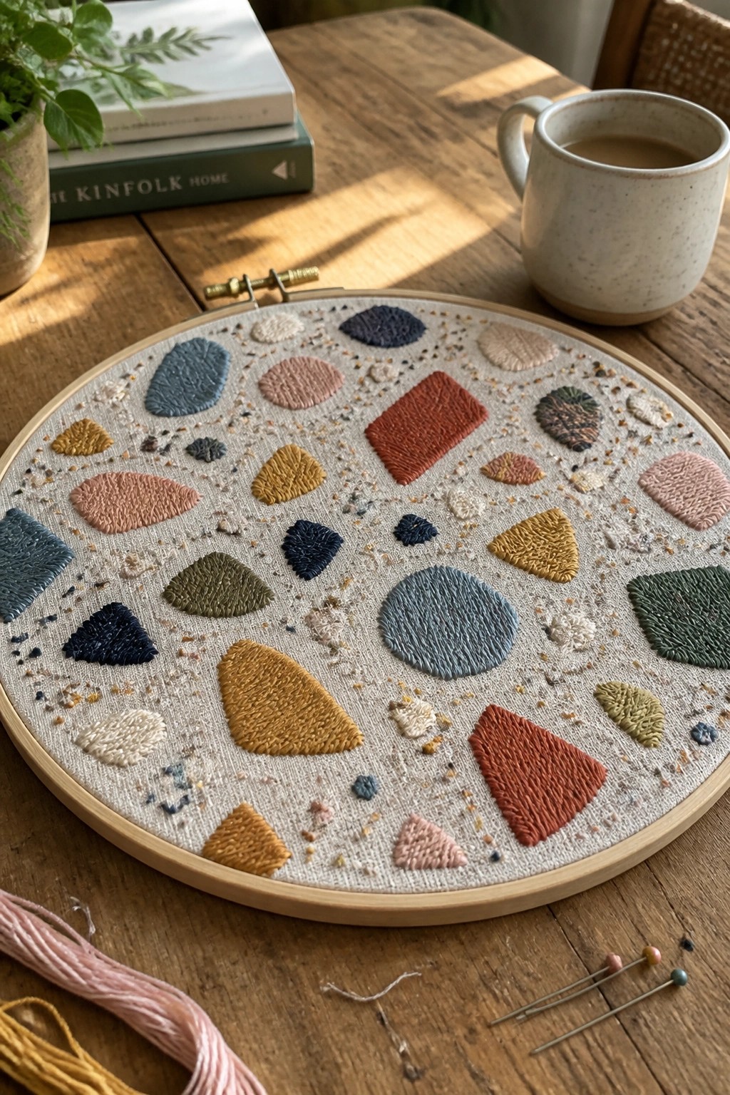 Colorful abstract embroidery hoop on wooden table with mug, books, and craft supplies