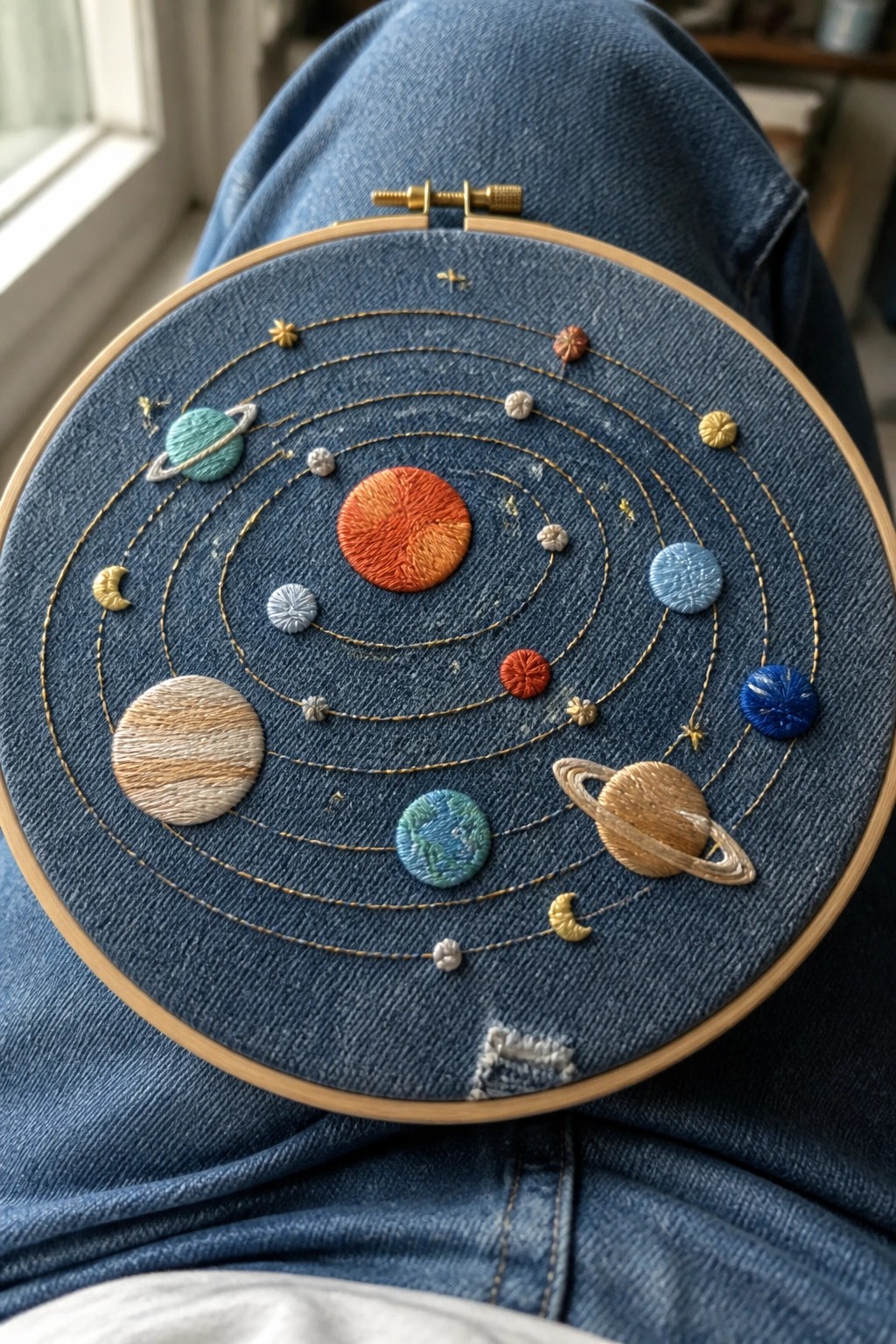 Embroidered solar system with colorful planets on blue denim in wooden hoop
