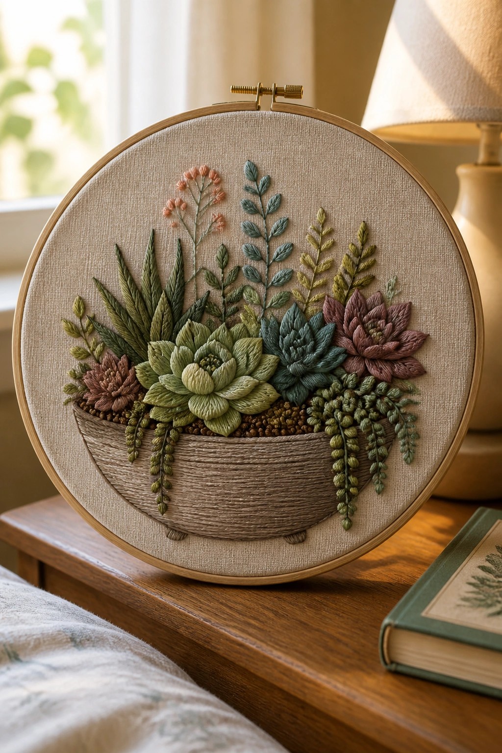 Embroidered succulents in a basket inside a wooden hoop on a table.
