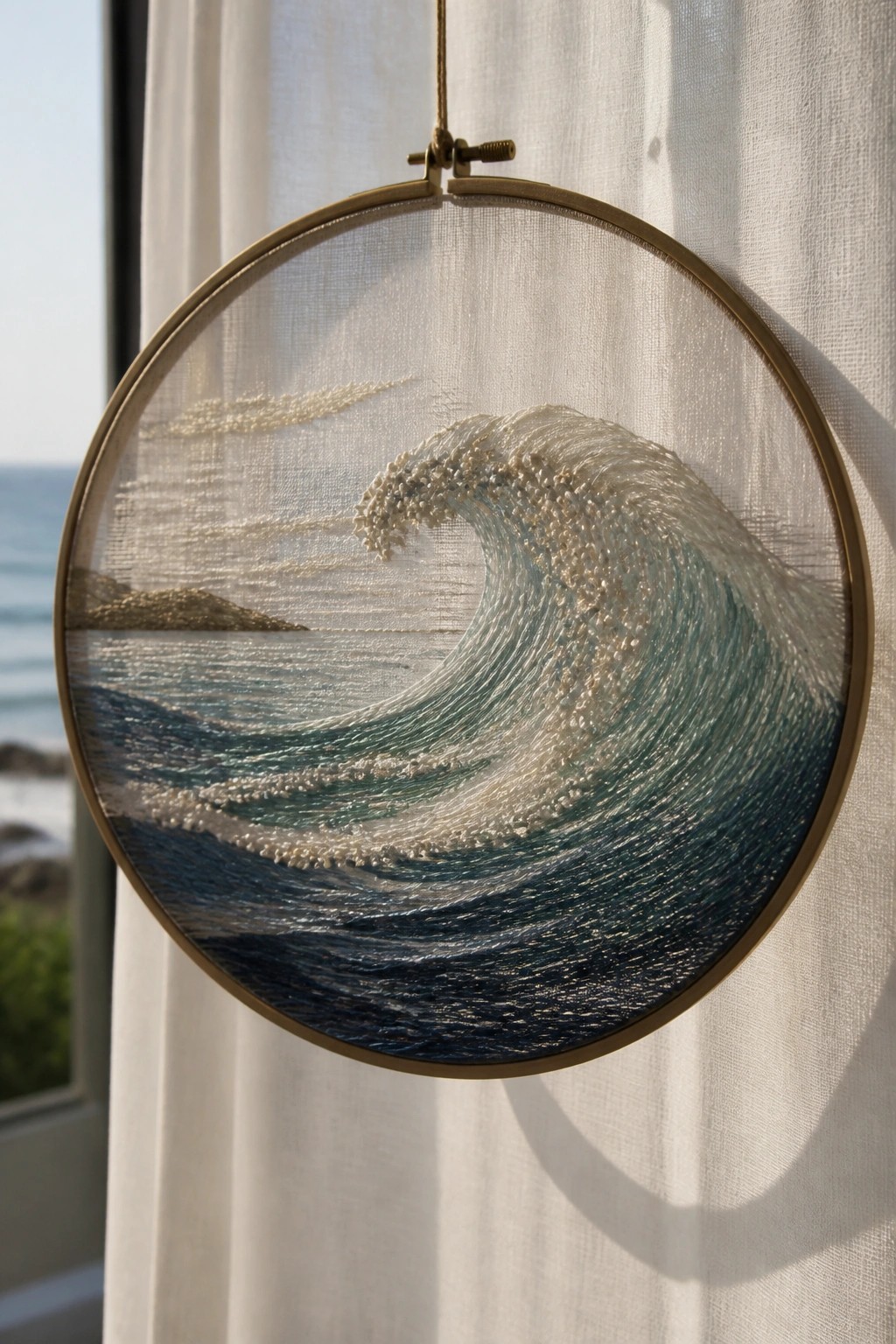 Round embroidery hoop with a stitched wave scene in blues and white hanging against a white curtain.