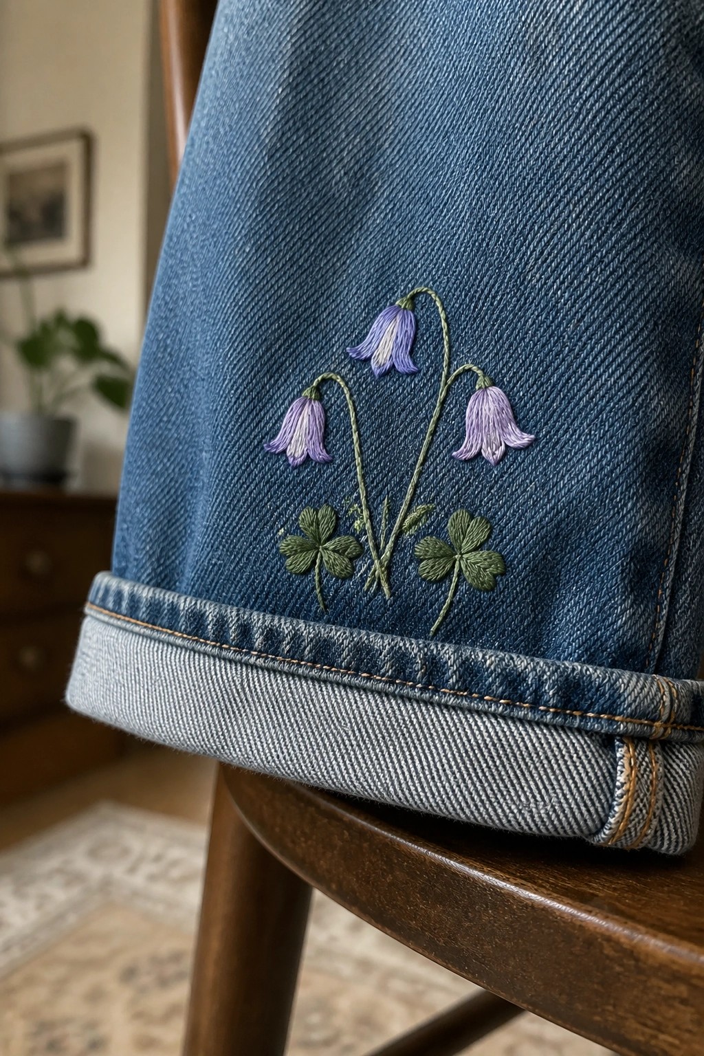 Cuffed blue denim jeans with purple embroidered flowers and green clovers on wooden chair