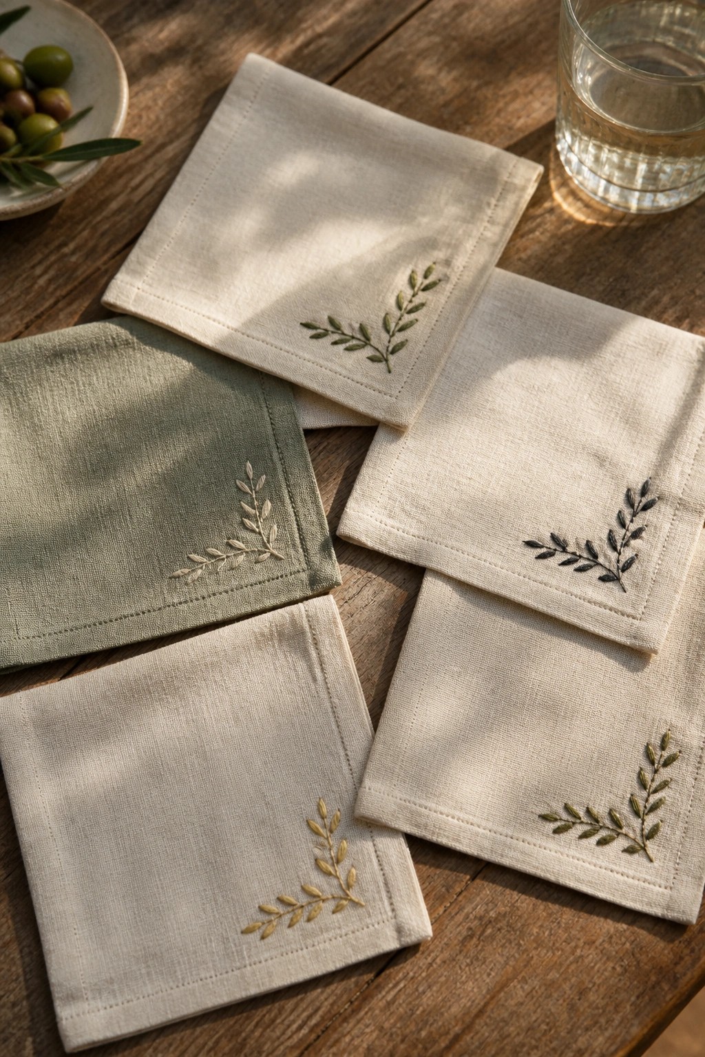Assorted linen napkins with leaf embroidery on sunlit wooden table beside water glass