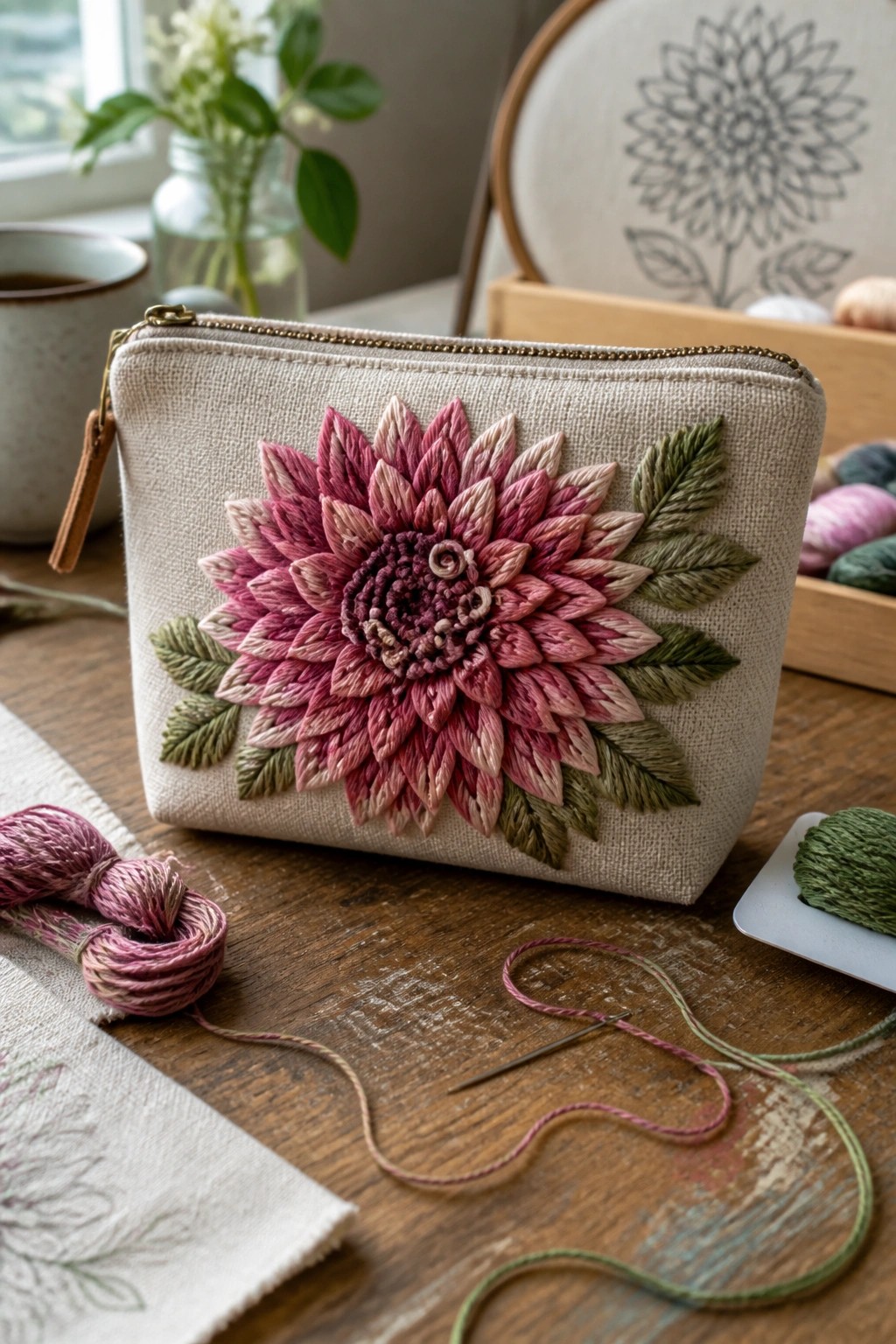 Beige zippered pouch with large pink embroidered flower and green leaves on wooden table