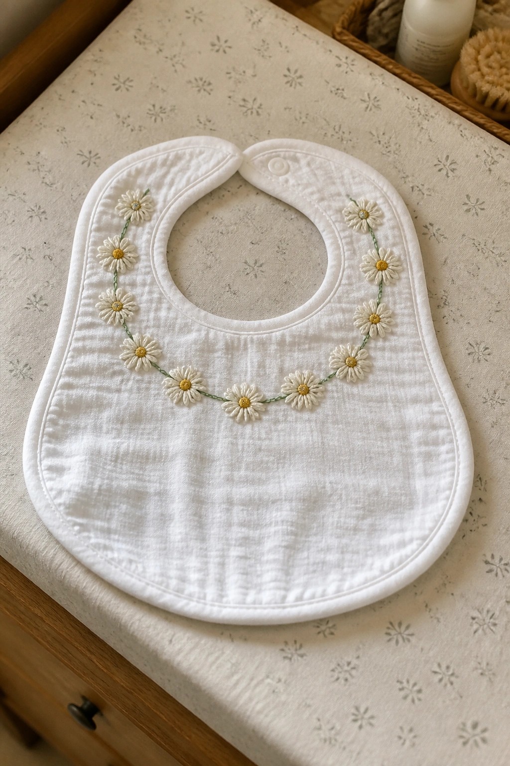 White baby bib with daisy embroidery on star-patterned fabric.