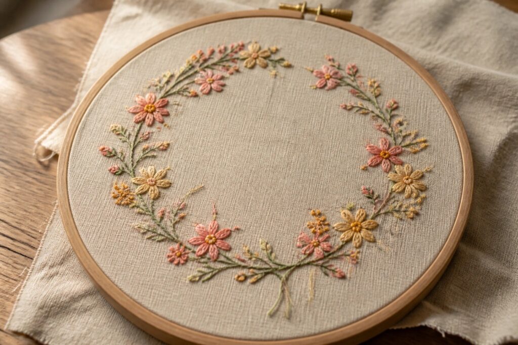 24 Beautiful Floral Embroidery Ideas Built Around Botanical Motifs Wooden embroidery hoop with partial pink-and-yellow floral wreath on beige fabric.