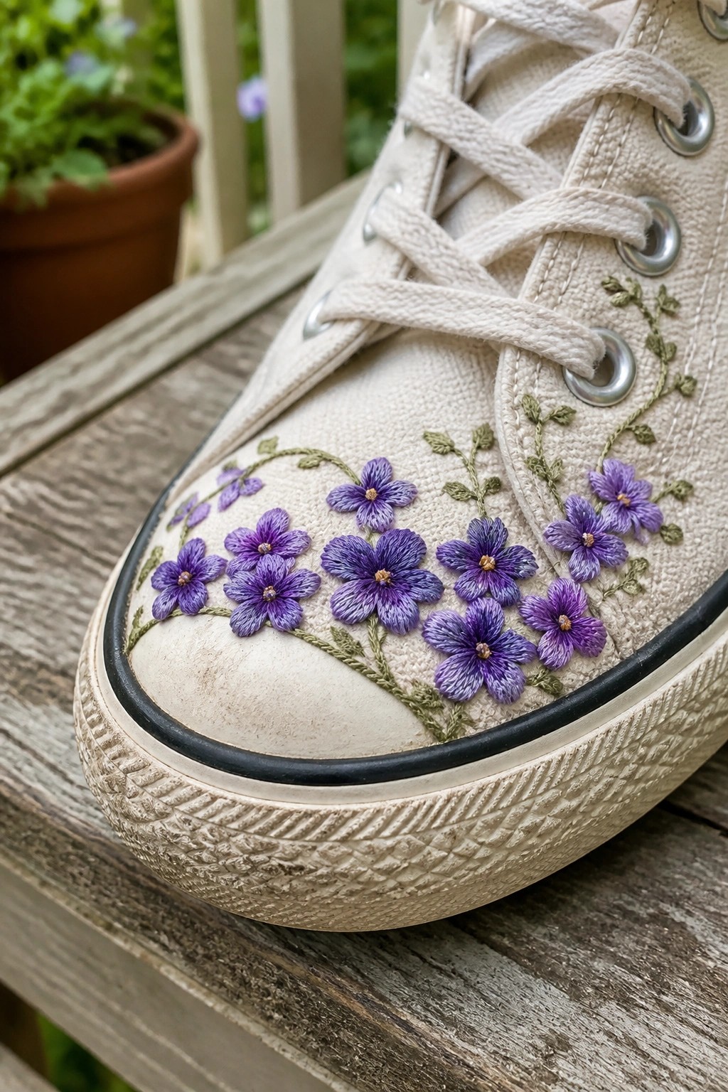 Close-up of a beige canvas sneaker toe embroidered with purple flowers and green vines.