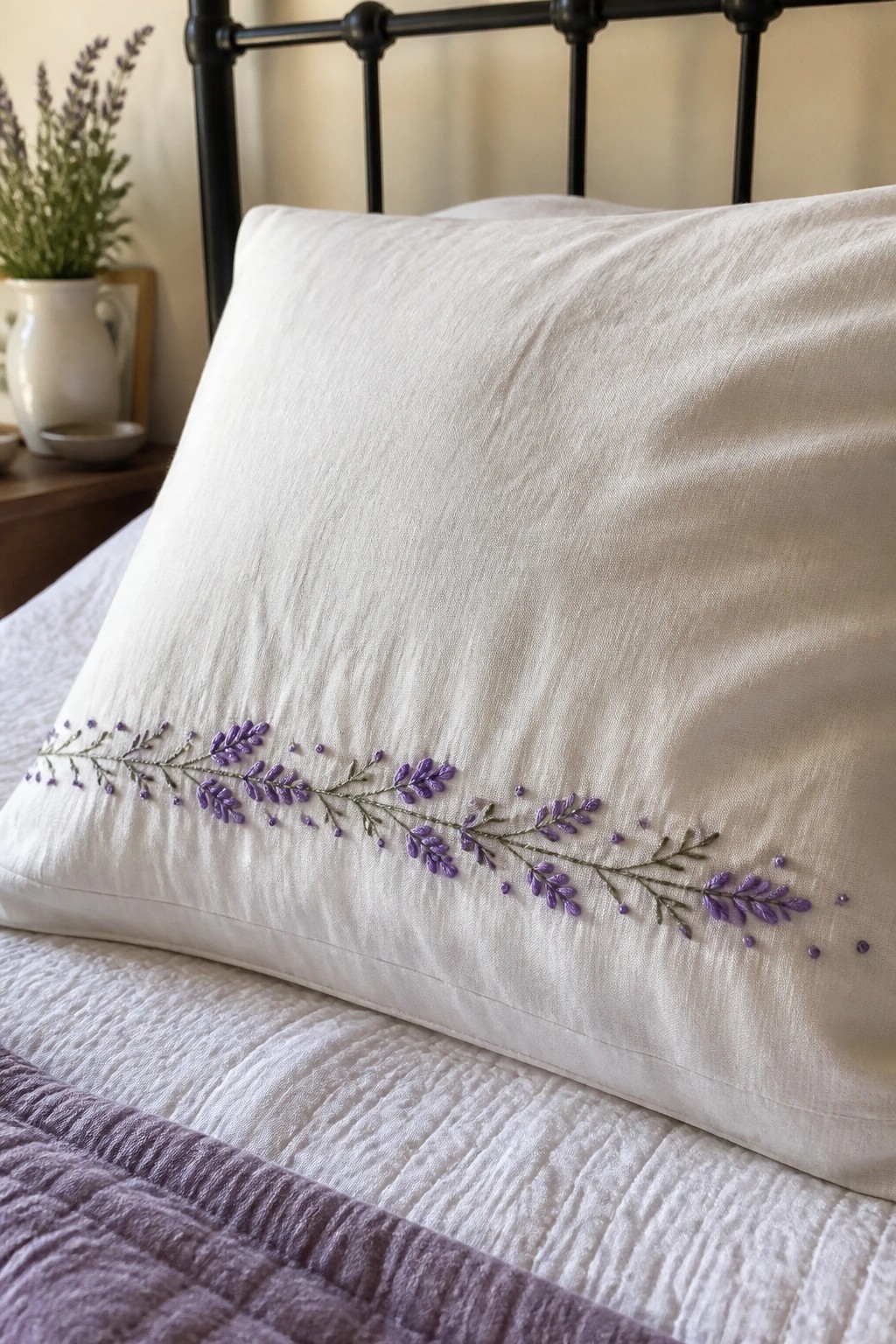 White pillow with purple lavender embroidery on bed beside black headboard