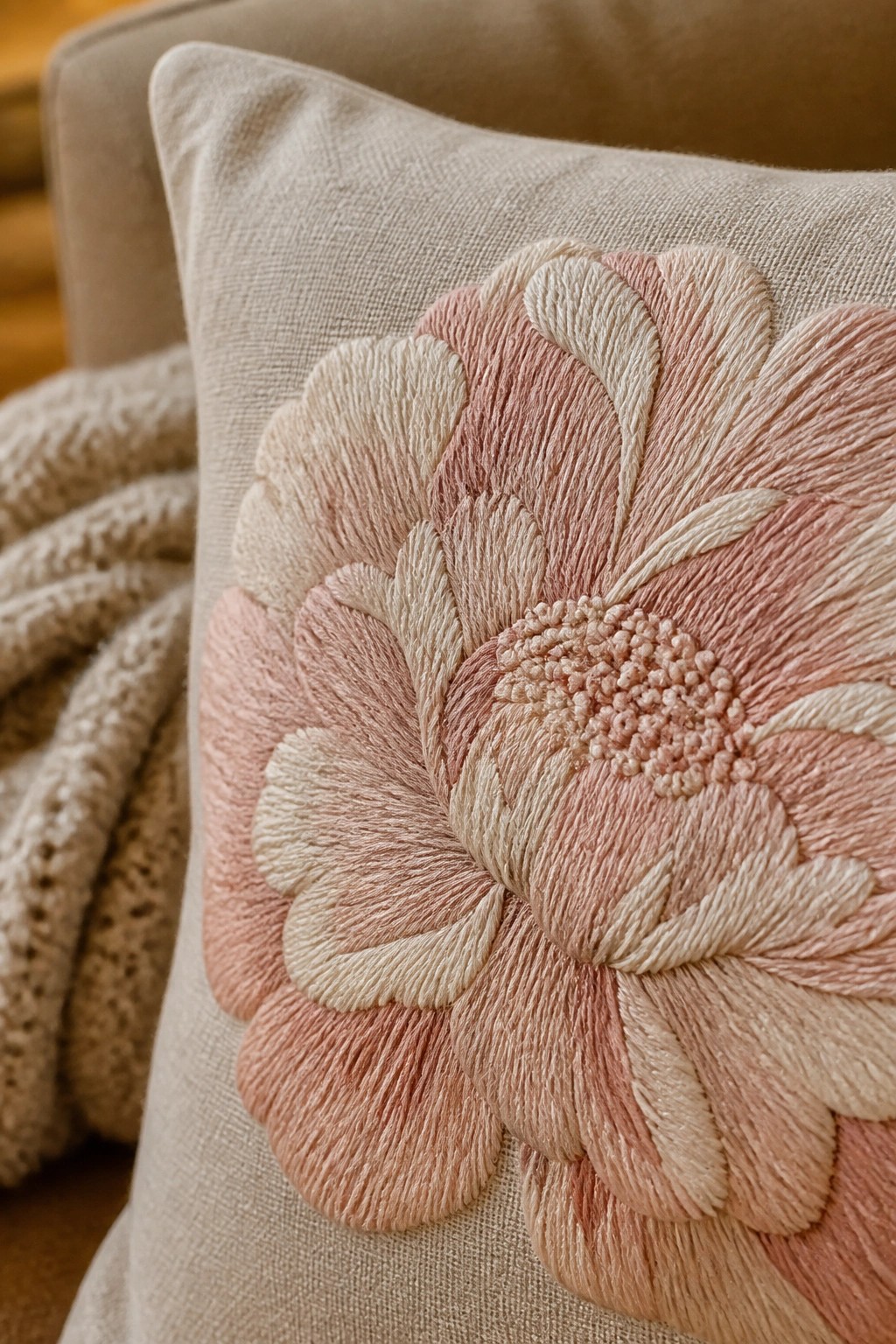 Beige pillow with large pink and cream embroidered floral design.