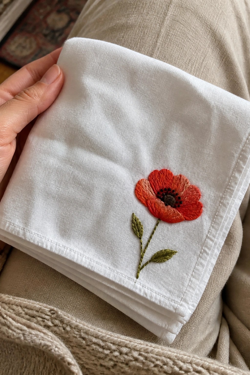 Hand holding white napkin with red embroidered poppy and green leaves on beige lap