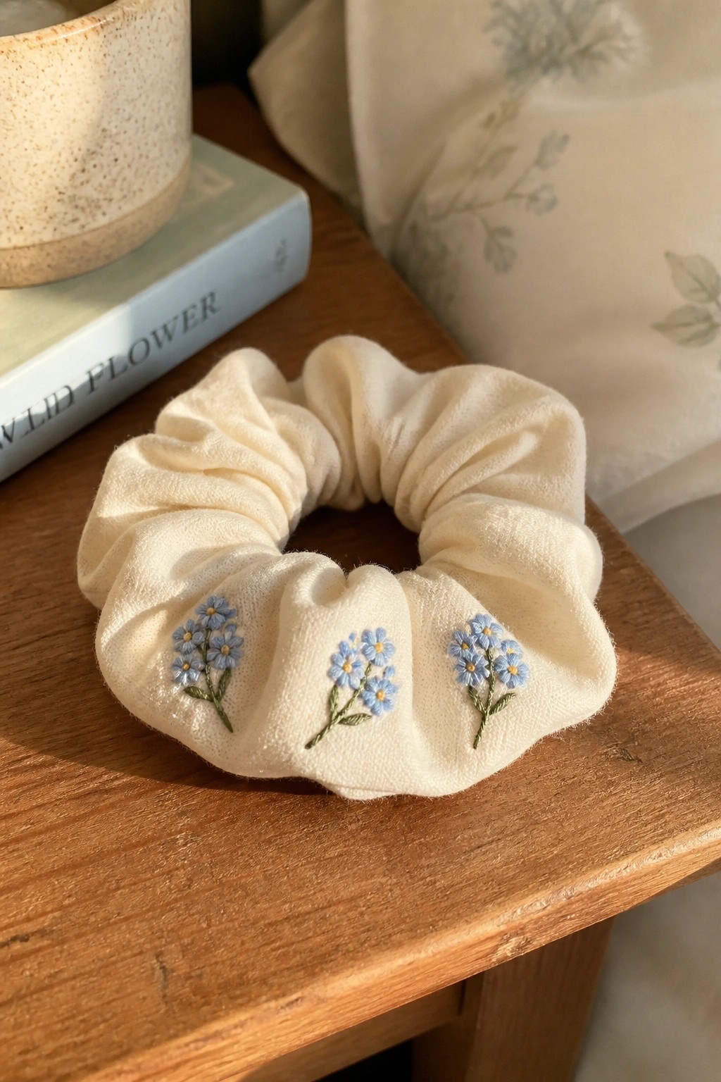 Cream scrunchie with blue floral embroidery on wooden table beside book and mug