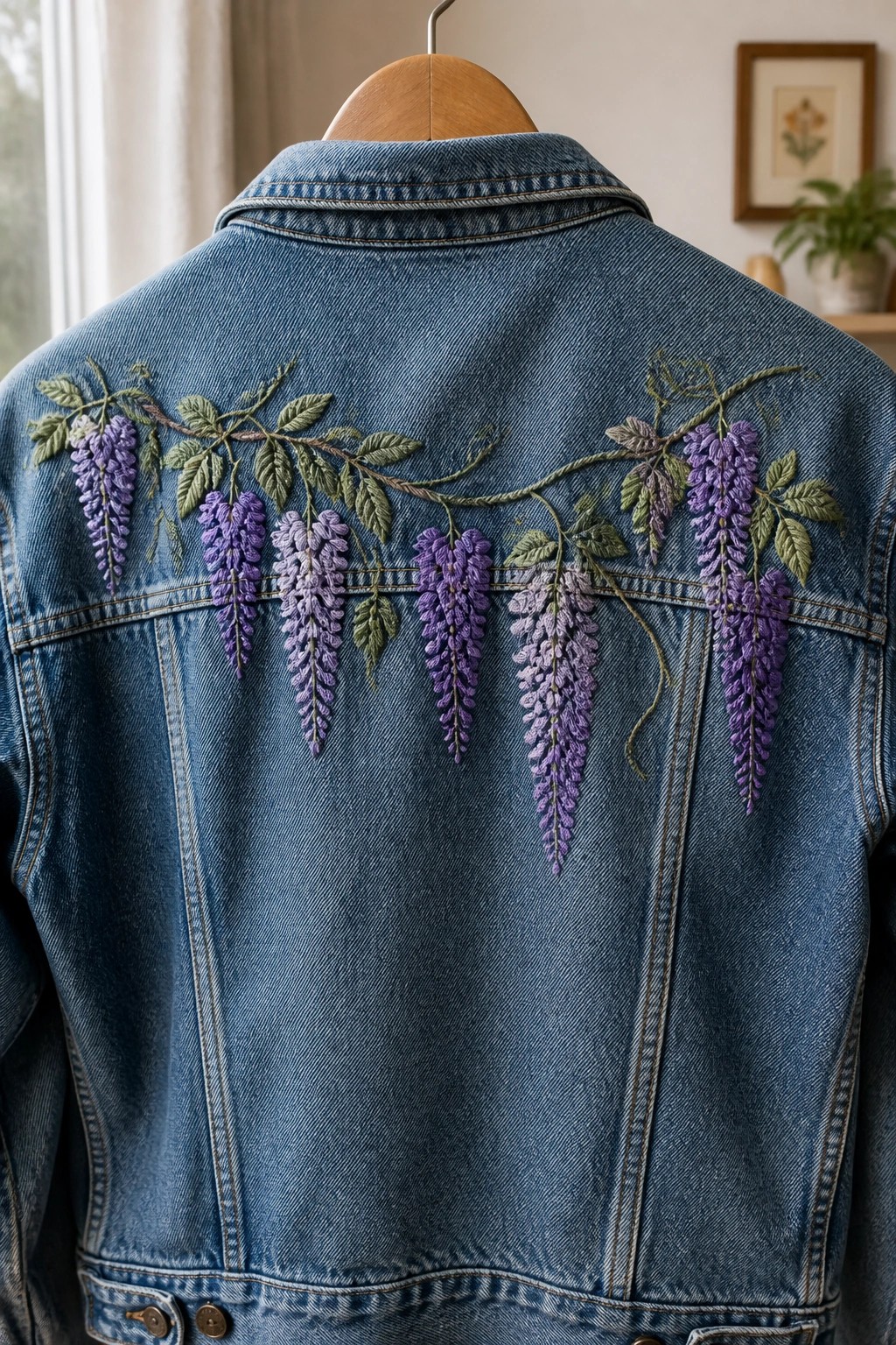 Blue denim jacket with purple wisteria embroidery and green leaves on back.