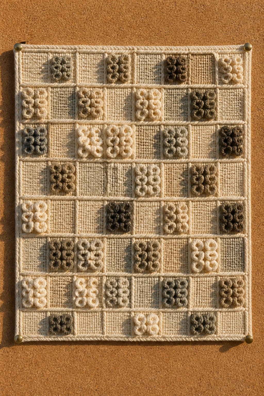 Cream woven grid tapestry with looped floral motifs in neutral earth tones on wall