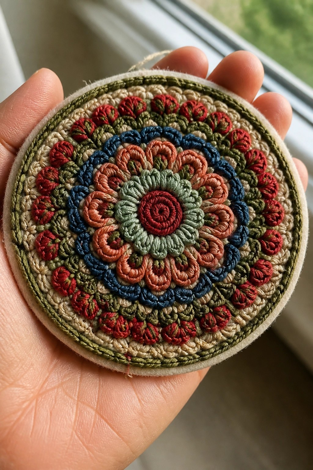 Hand holding vibrant crocheted mandala coaster with red, blue, and green floral patterns