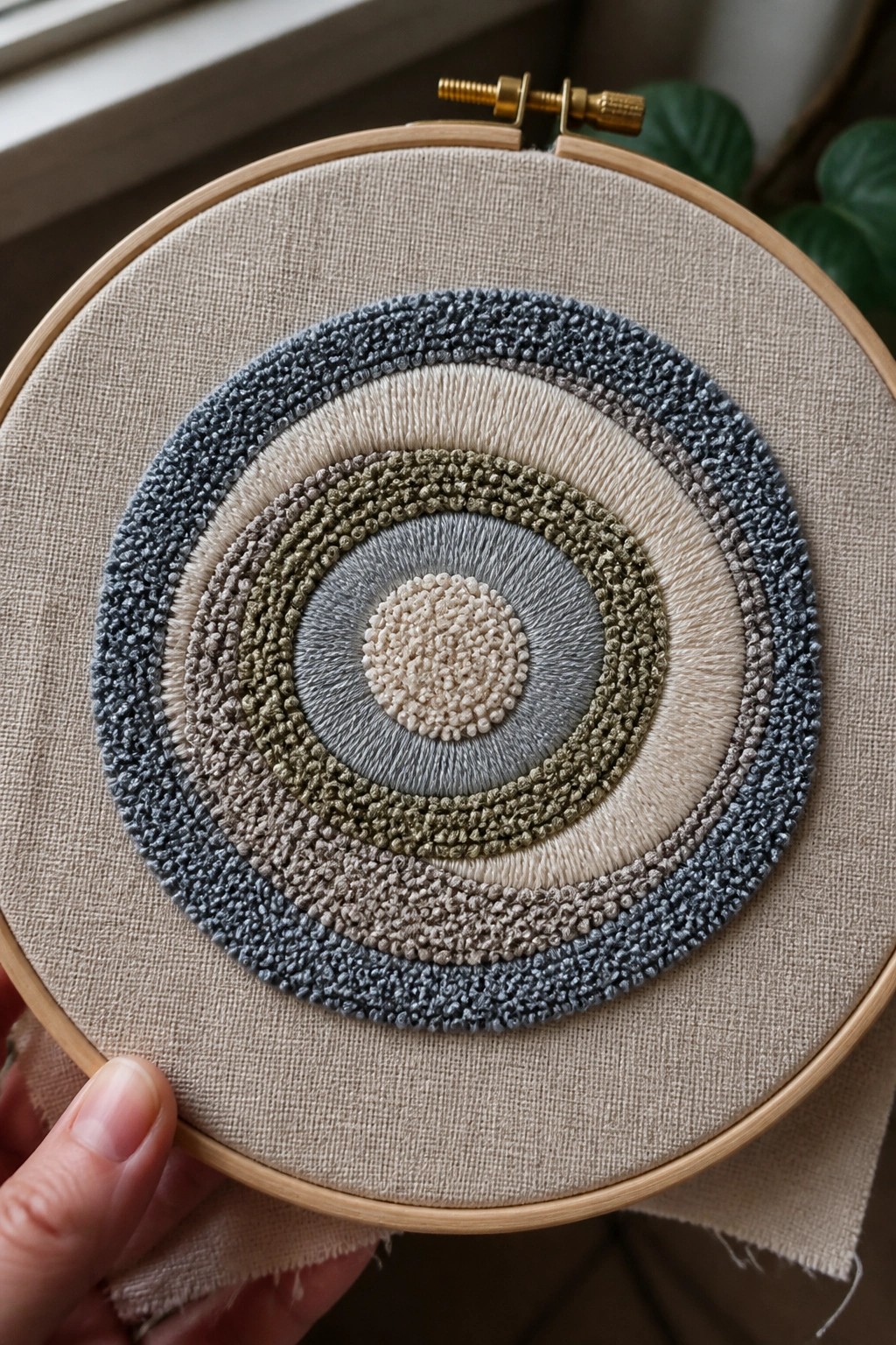 Hand holding embroidery hoop with textured concentric circles in blue, green, and beige.