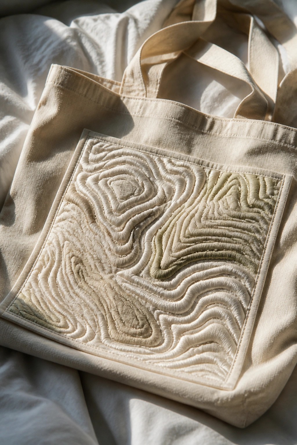 Beige canvas tote bag with intricate wavy embroidery on a rectangular patch in sunlight.