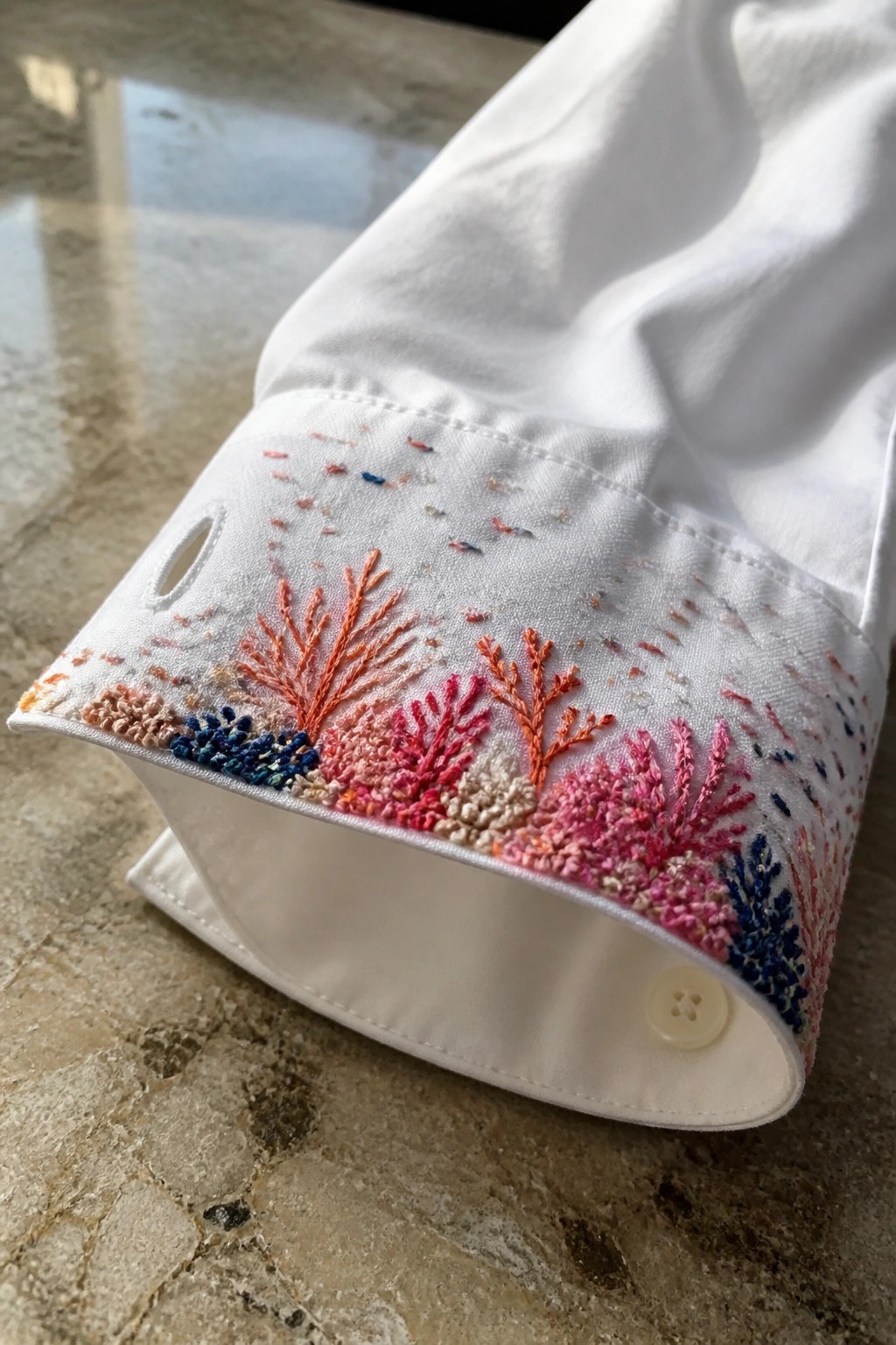 White shirt cuff with vibrant coral embroidery in orange, pink, and blue.