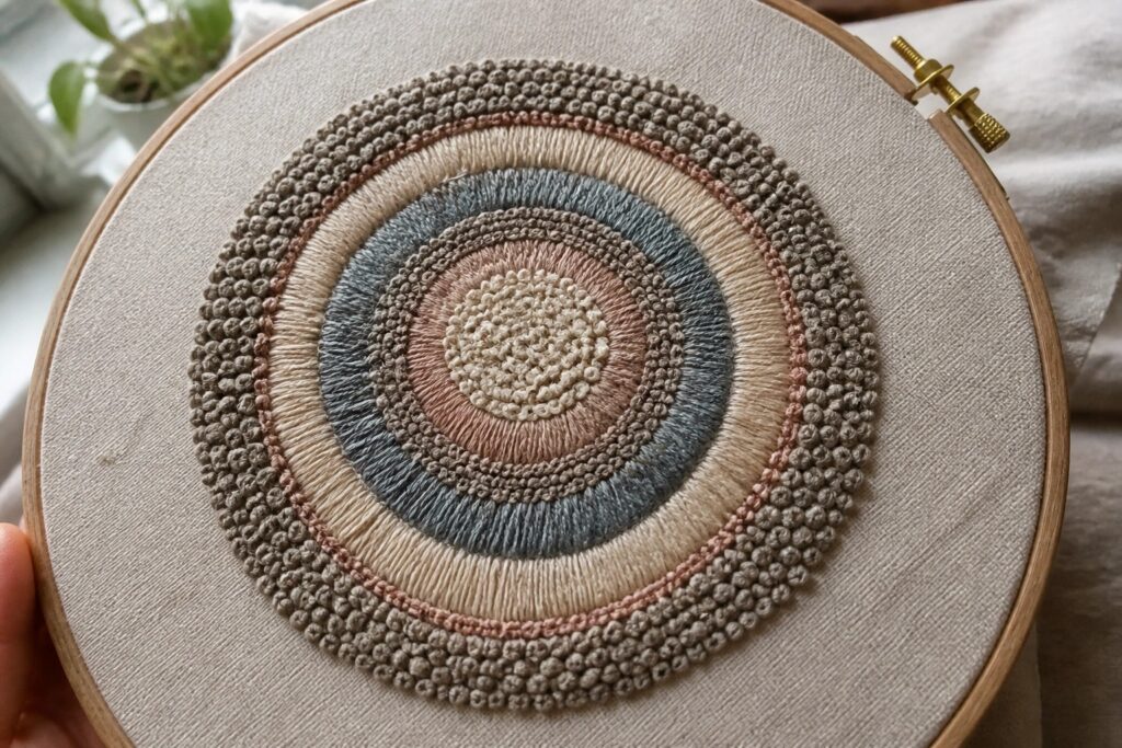 24 Contemporary Textile Embroidery Art Projects Featuring Textured Surfaces Hand holding embroidery hoop with textured concentric circles in blue, green, and beige.