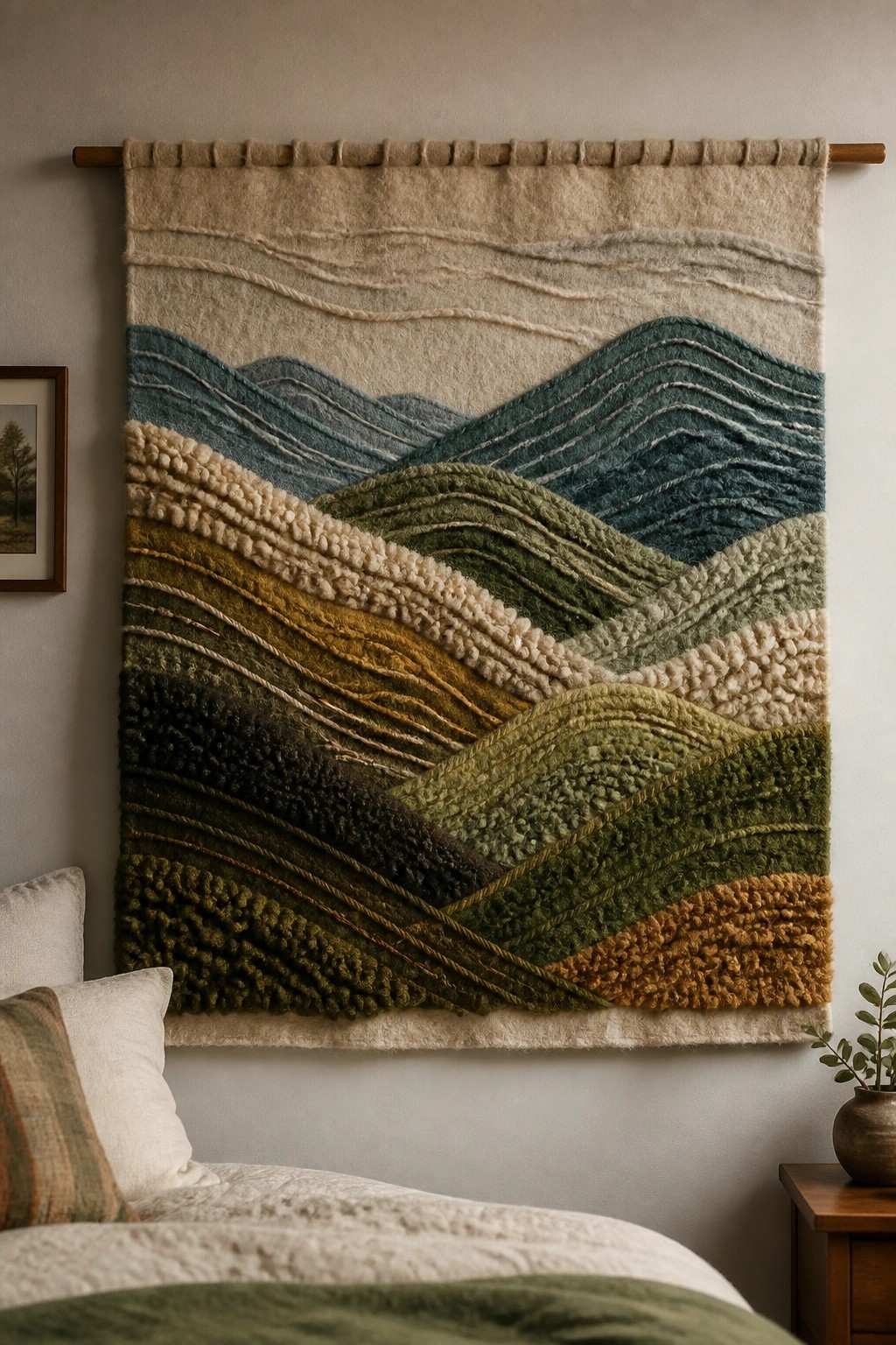 Layered wool tapestry with wavy earth tones hanging above a bed