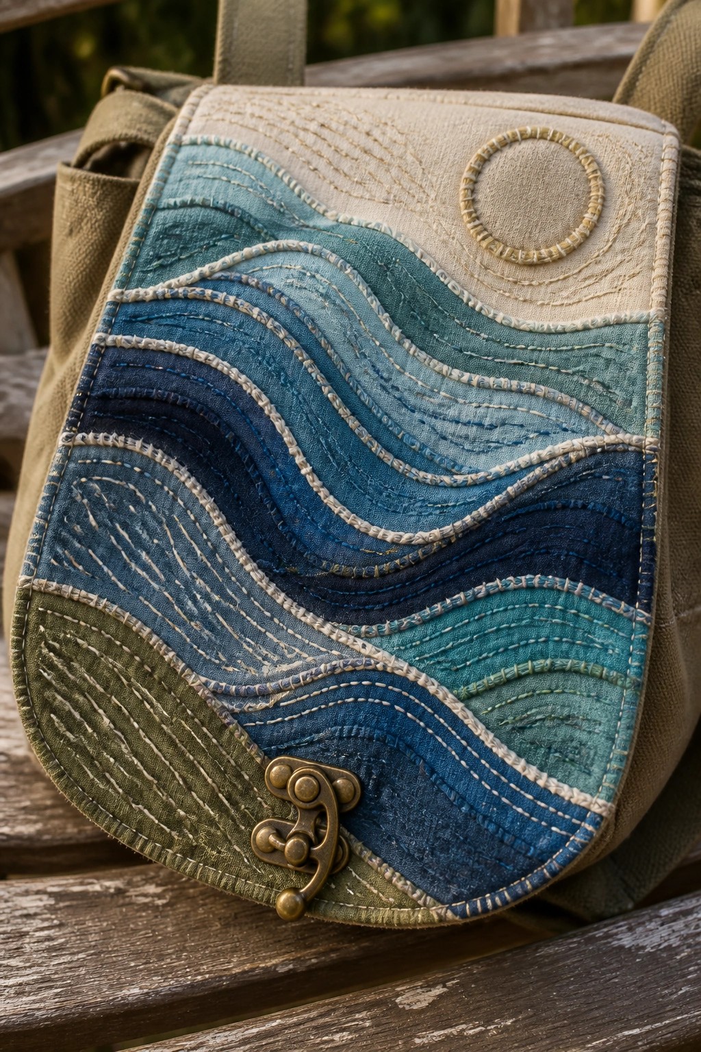 Close-up of a canvas bag flap covered in layered blue wave shapes outlined with stitching and a small circular motif above a metal clasp.