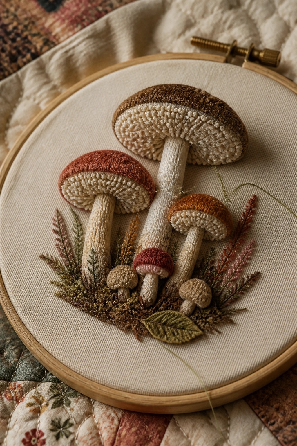 Embroidery hoop with several mushrooms of varying sizes and colors plus leafy base details on fabric.
