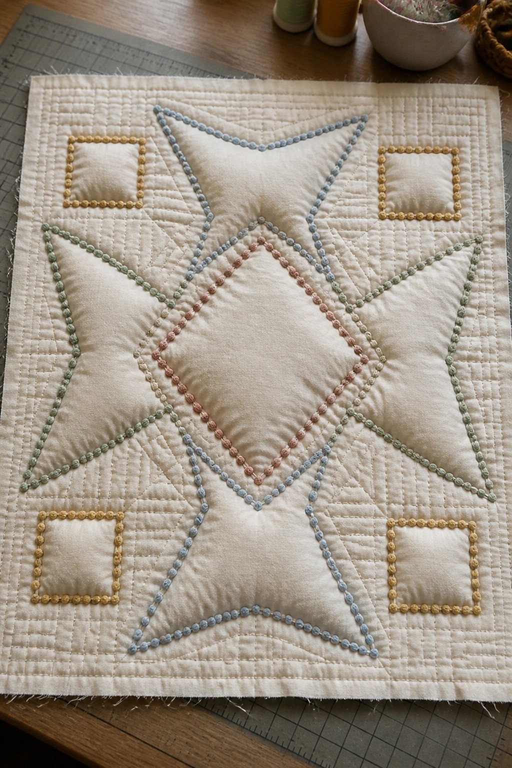 Quilted cream fabric with central star and corner squares outlined in pastel embroidery.
