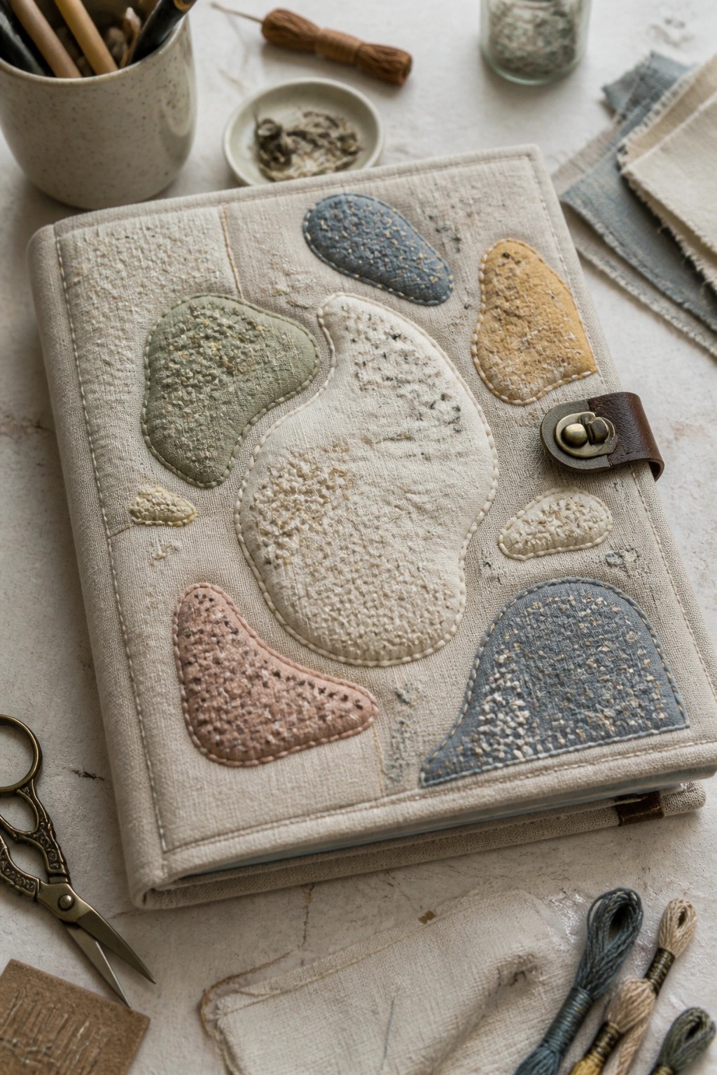 Handcrafted linen journal with abstract fabric appliqué patches and leather clasp amid sewing supplies.