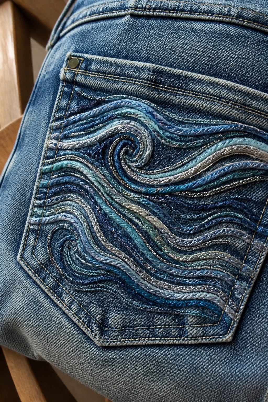 Blue denim jeans pocket with swirling blue and silver wave embroidery