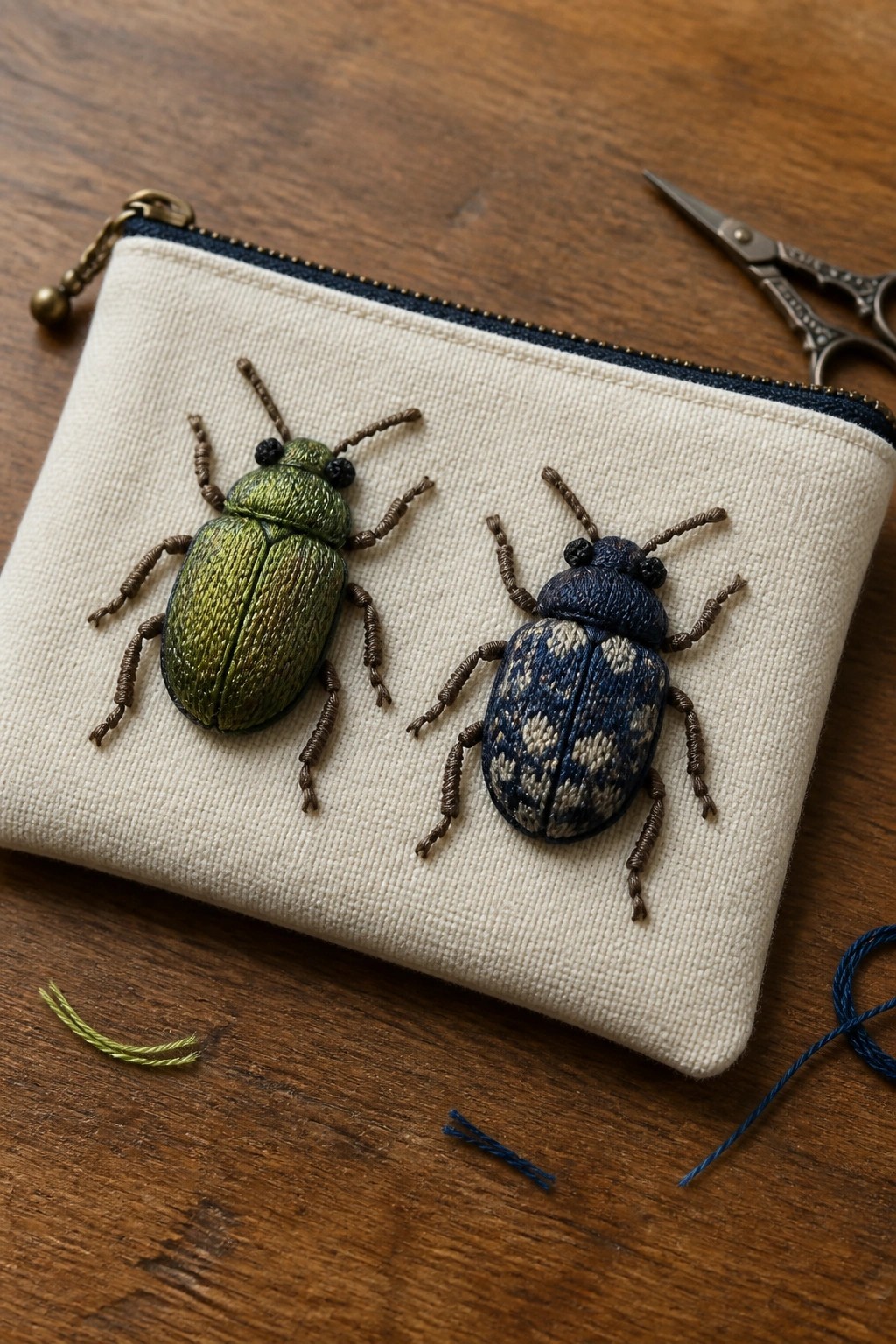 Embroidered green and blue beetles on beige canvas zip pouch with scissors nearby