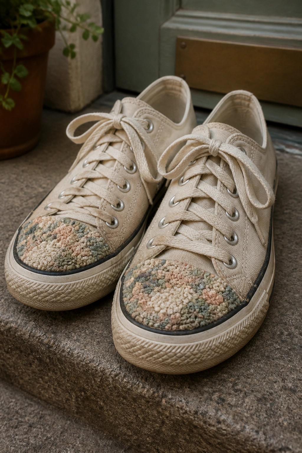 Beige canvas sneakers with colorful tufted toe patterns on stone steps