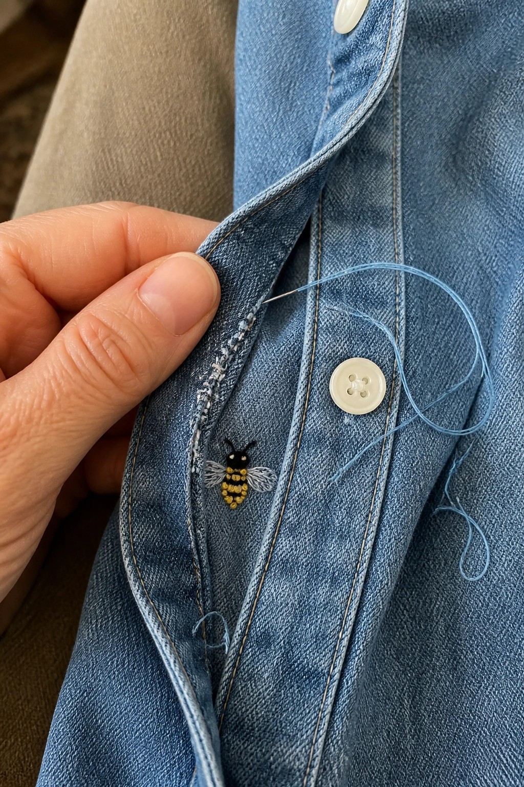 Hand holding blue denim with yellow-black bee embroidery, needle, and white button