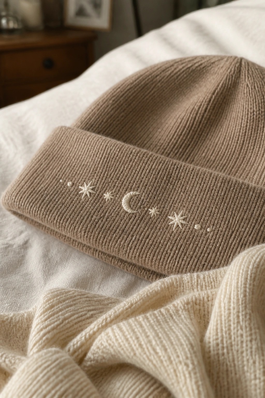Beige ribbed beanie with embroidered moon and stars on white knit fabric.