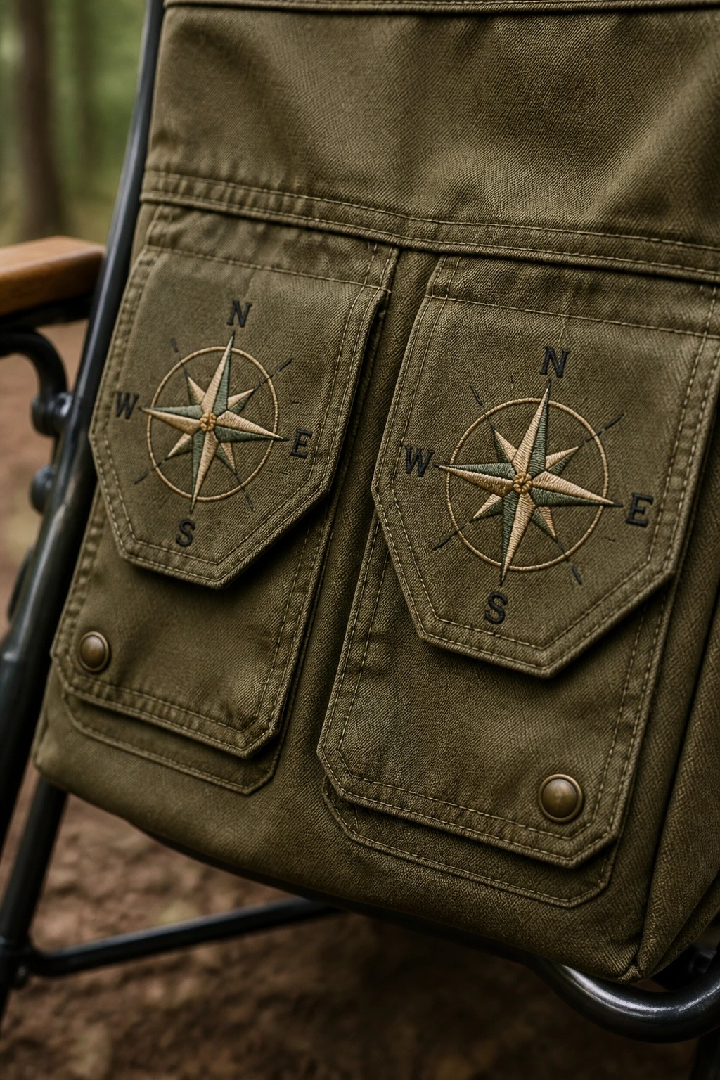 Olive green canvas pockets with embroidered compass roses on a camping chair