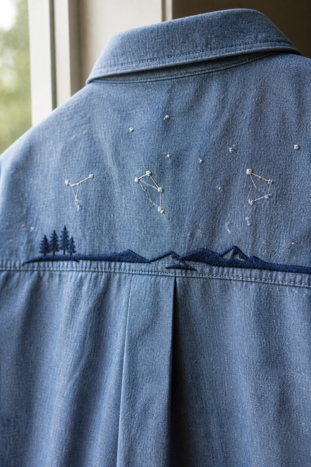 Blue denim shirt back embroidered with white constellations above blue mountains and trees.