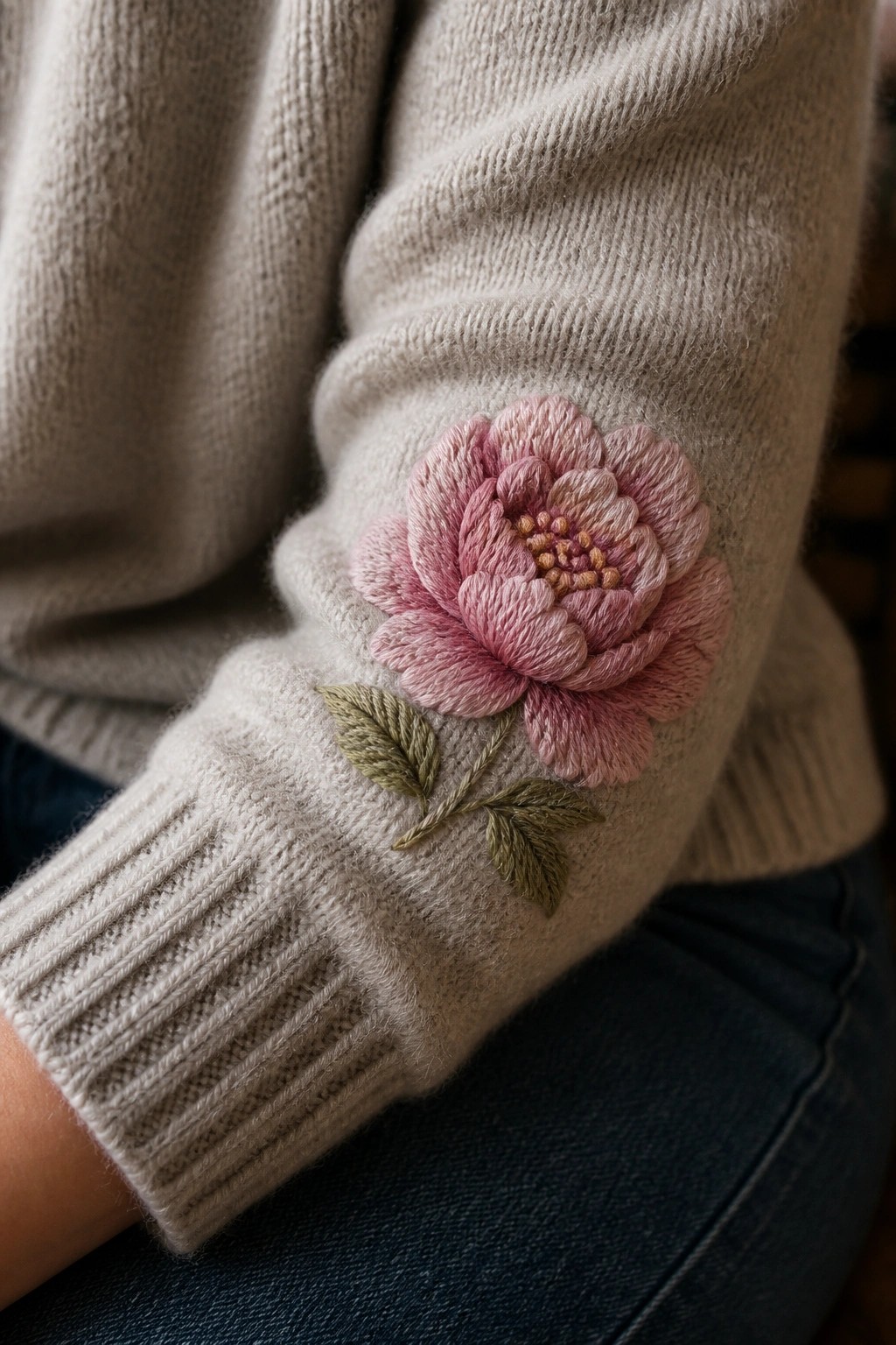 Beige knitted sweater sleeve featuring pink embroidered flower with green leaves.