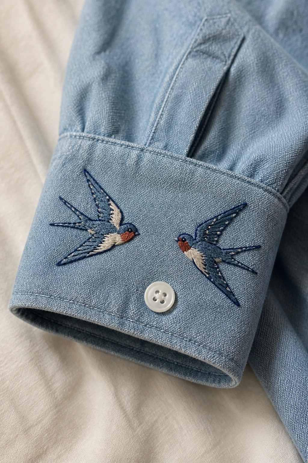 Light blue denim shirt cuff with two embroidered swallows and white button.