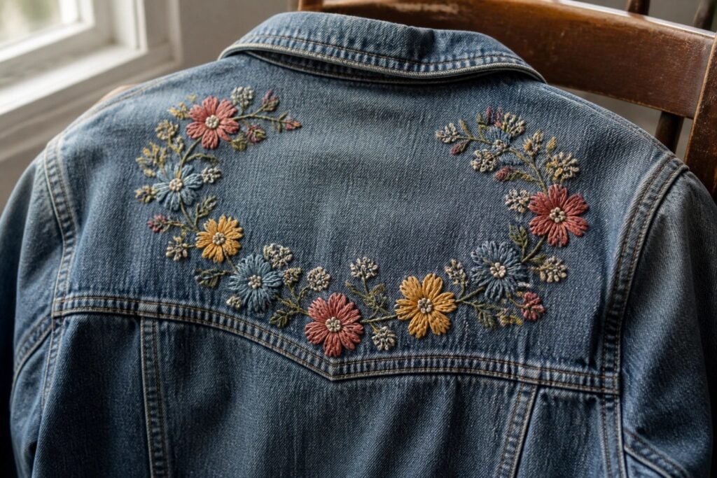 Blue denim jacket with colorful floral embroidery wreath on wooden chair