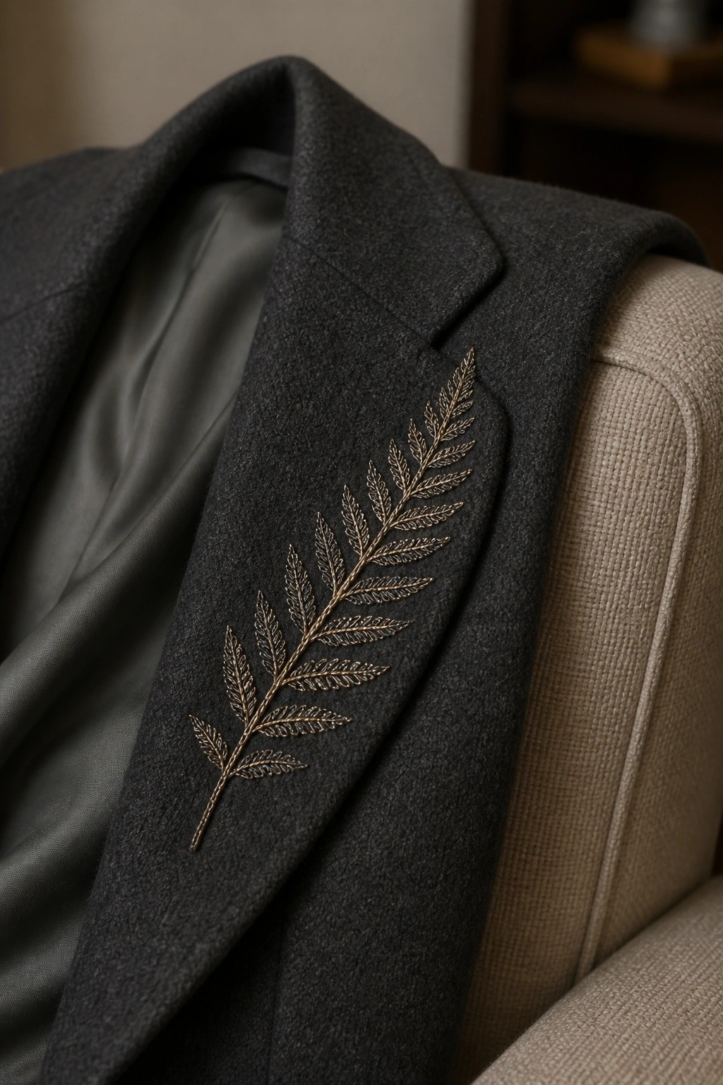 Dark gray wool blazer with gold fern embroidery on lapel over beige chair