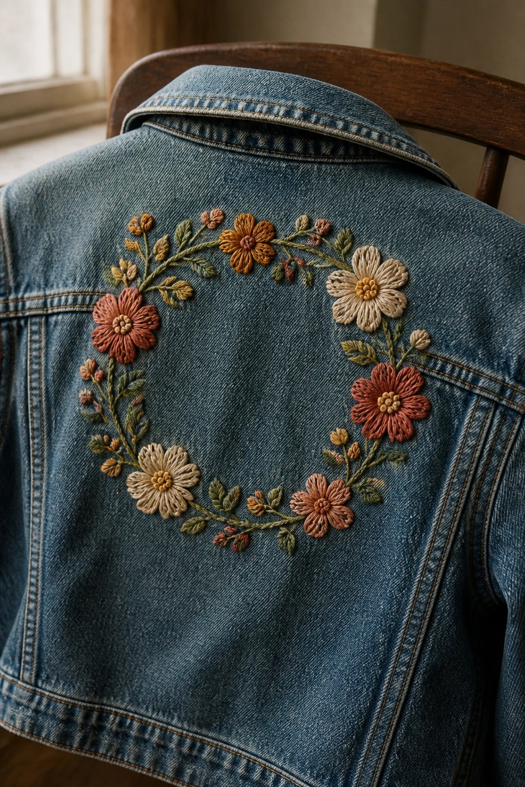 Blue denim jacket with colorful floral embroidery wreath on wooden chair