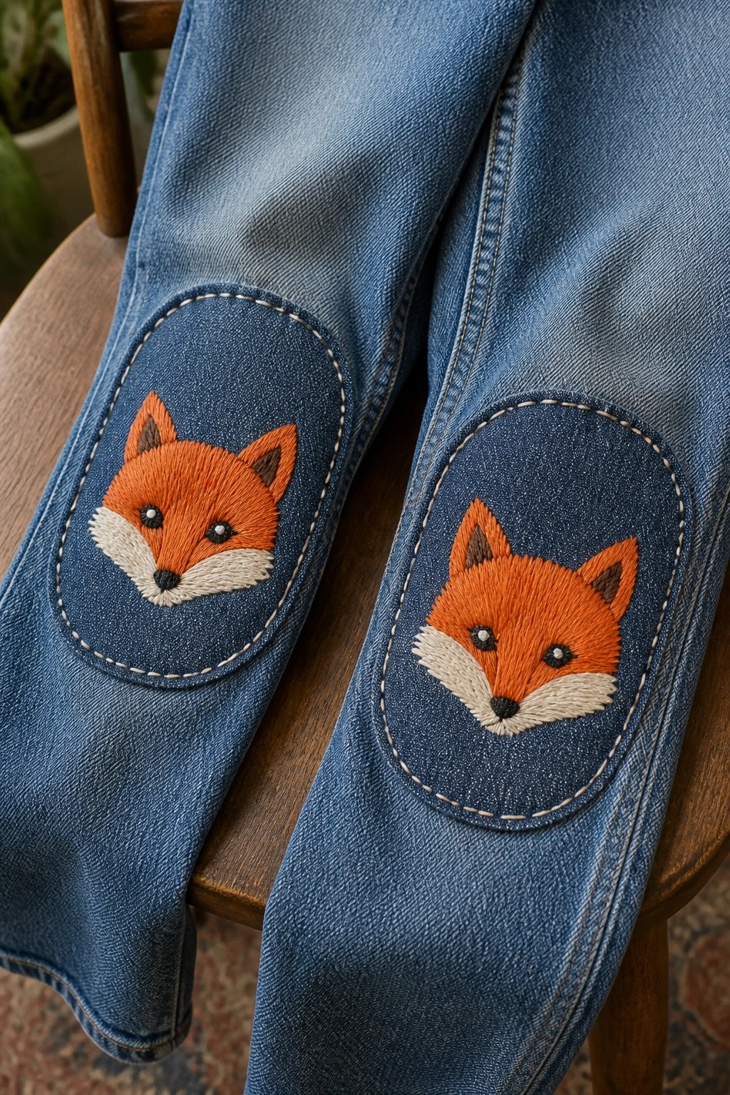 Blue denim jeans with embroidered orange fox patches on knees over wooden chair.