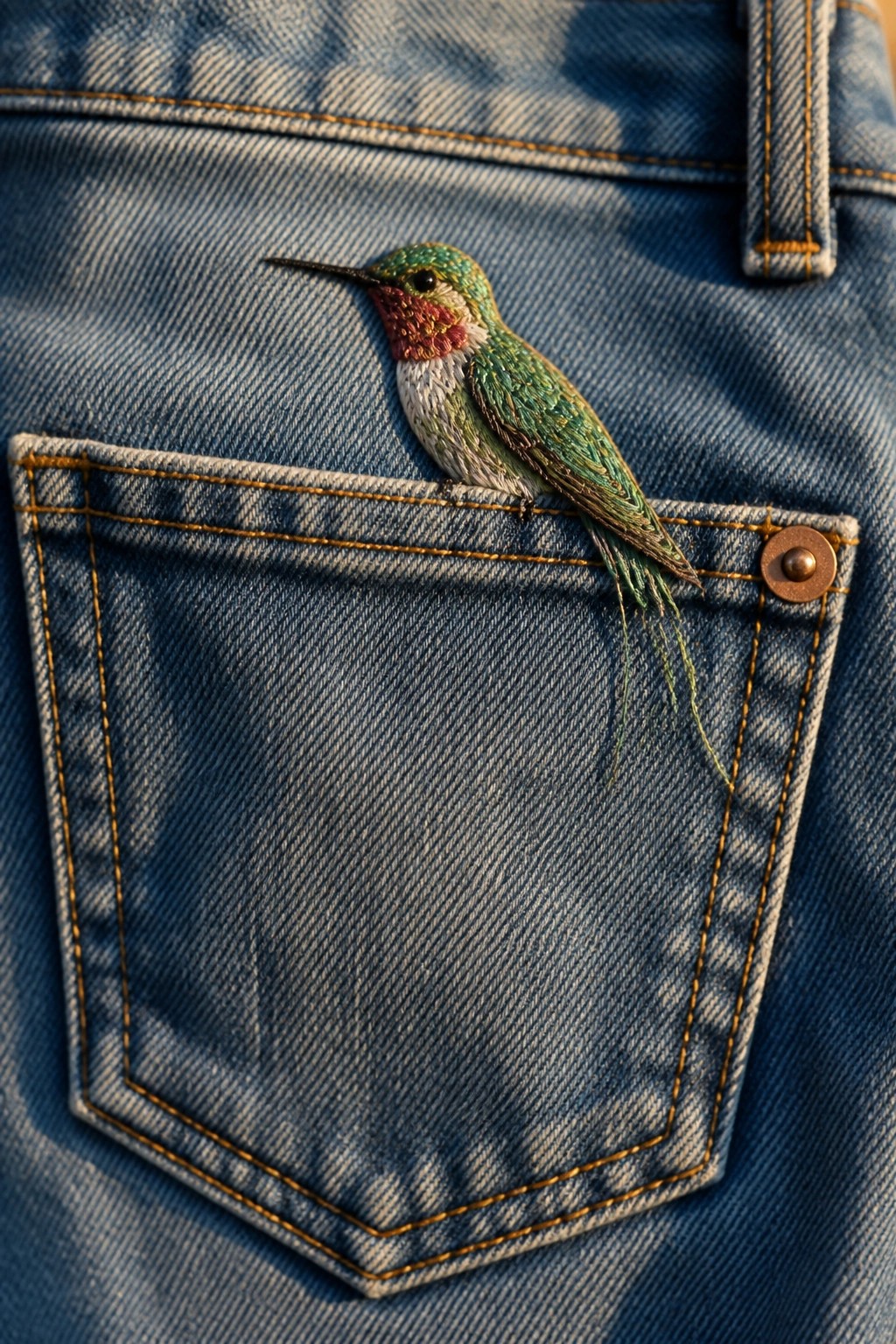 Embroidered green and red hummingbird on the edge of a blue denim pocket